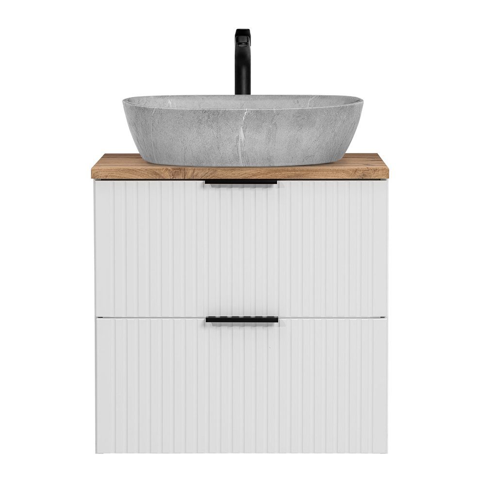 Lomadox Waschtisch ADELAIDE-56-WHITE, 60cm, weiß mit Eiche Nb., Keramik-Aufsatzbecken Beton Optik hell