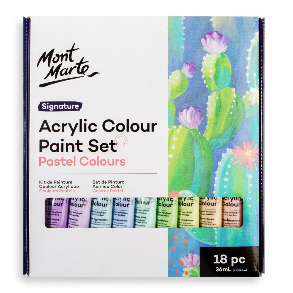 Mont Marte Acrylfarbe Pastell Set 12 / 18 / 24 / 48 x 36 ml –Deckkraft & Seidenmattes Finish, Pastellfarben für Leinwand, Karton, Papier, Ton, Holz, Steine uvm.