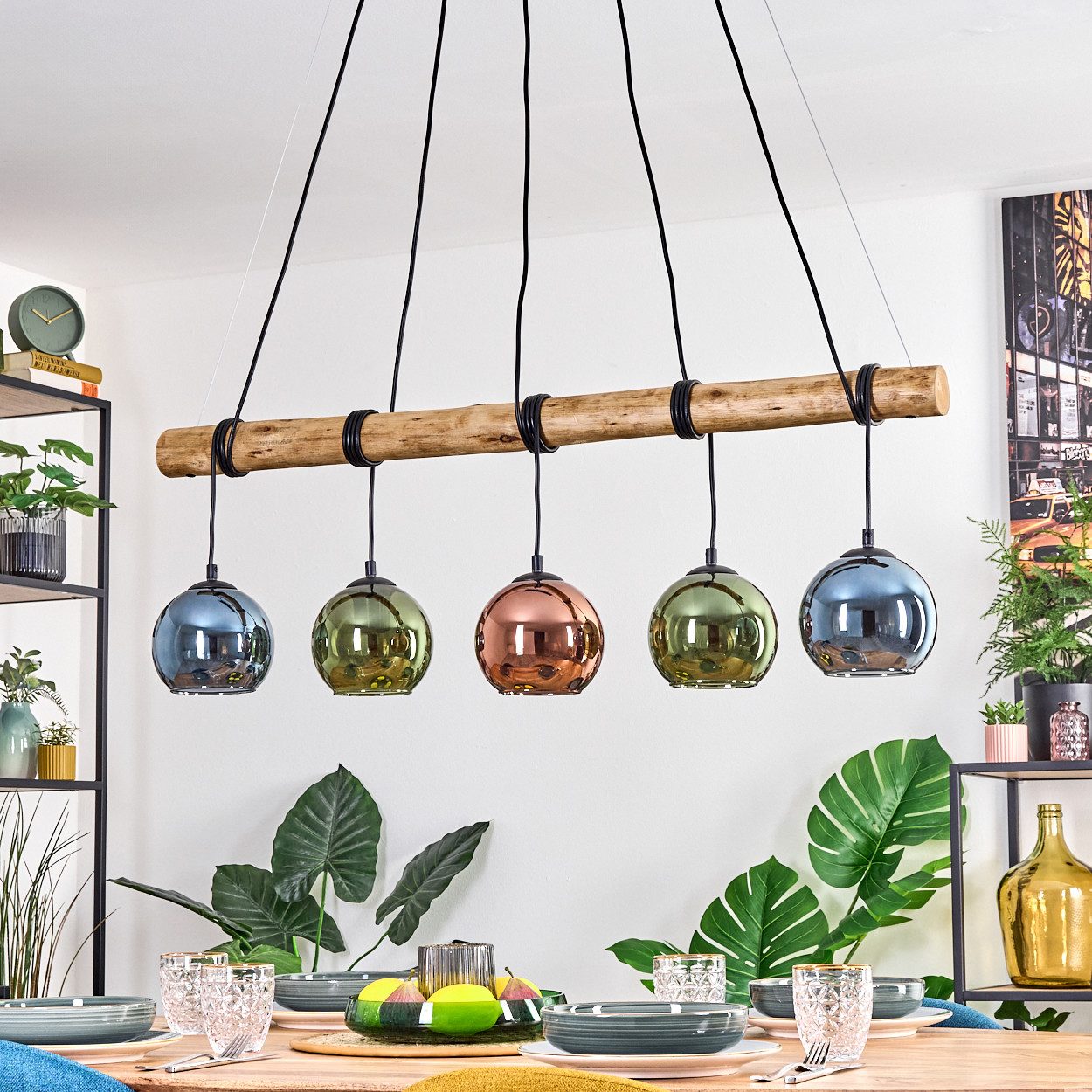 hofstein Pendelleuchte Hängelampe aus Metall/Holz/Glas in günstig online kaufen