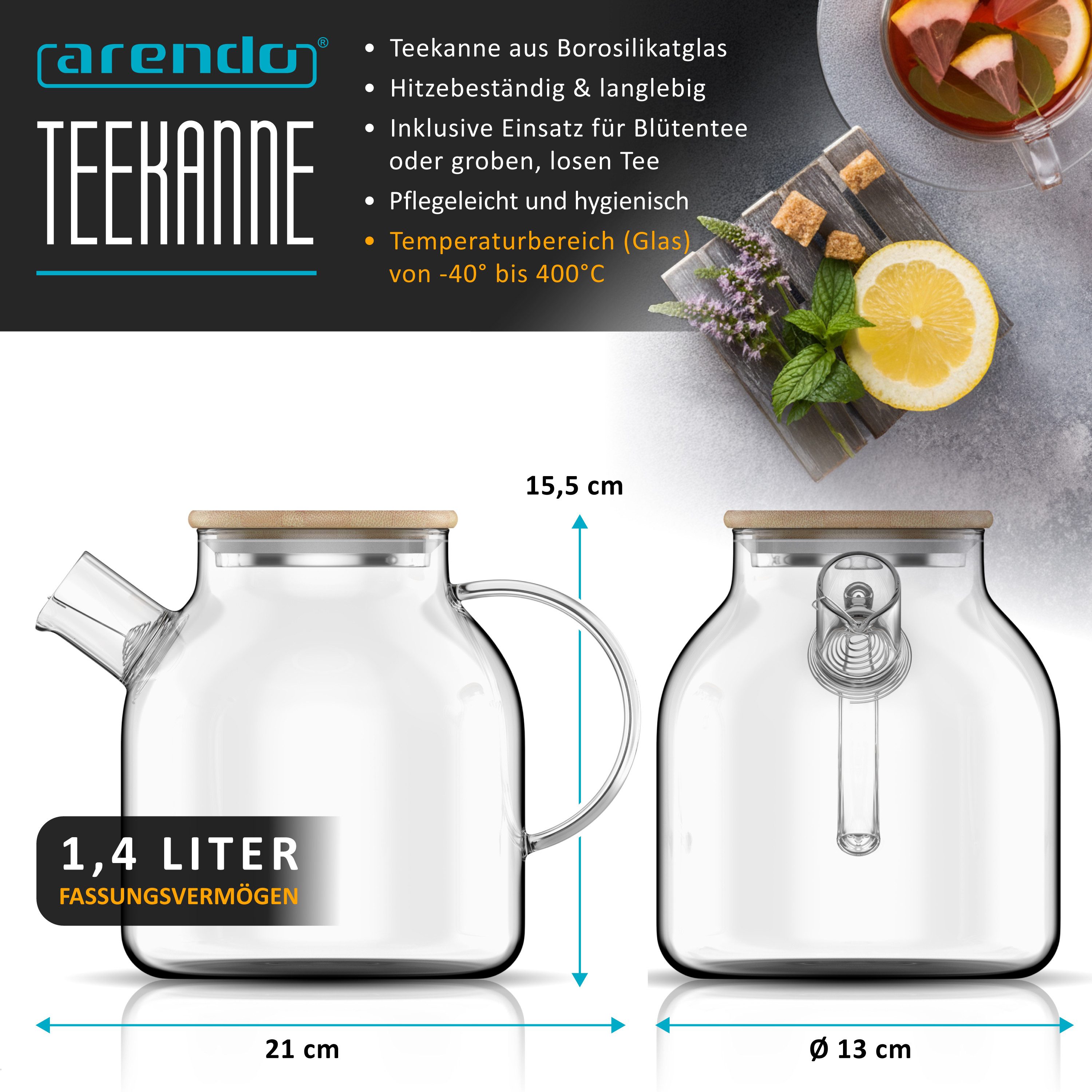 Arendo Teekanne Glas Teebereiter mit Sieb & Bambus Deckel für losen Tee, Früchtetee, 14 l, (Set, Glaskanne, Teesieb), Borosilikatglas, Tischkocher, Edelstahlsieb, hitzebeständig, Geschenk