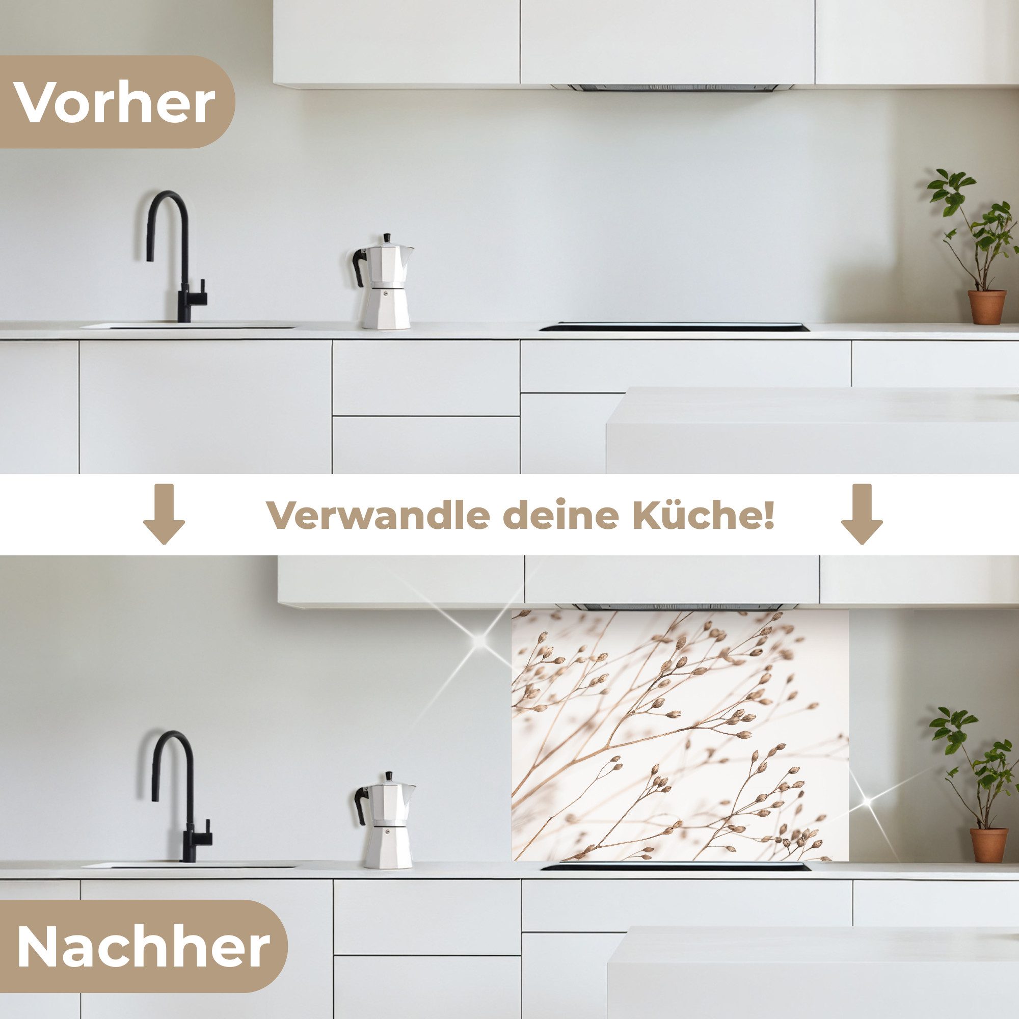 KitchenYeah Küchenrückwand selbstklebend Natur - Pflanzen - Zweig - Weiß - Braun - Trockenblumen, (1-tlg), Spritzschutz, Küche, Rückwand, Küchenwand, Küchenfront, 80x60 cm