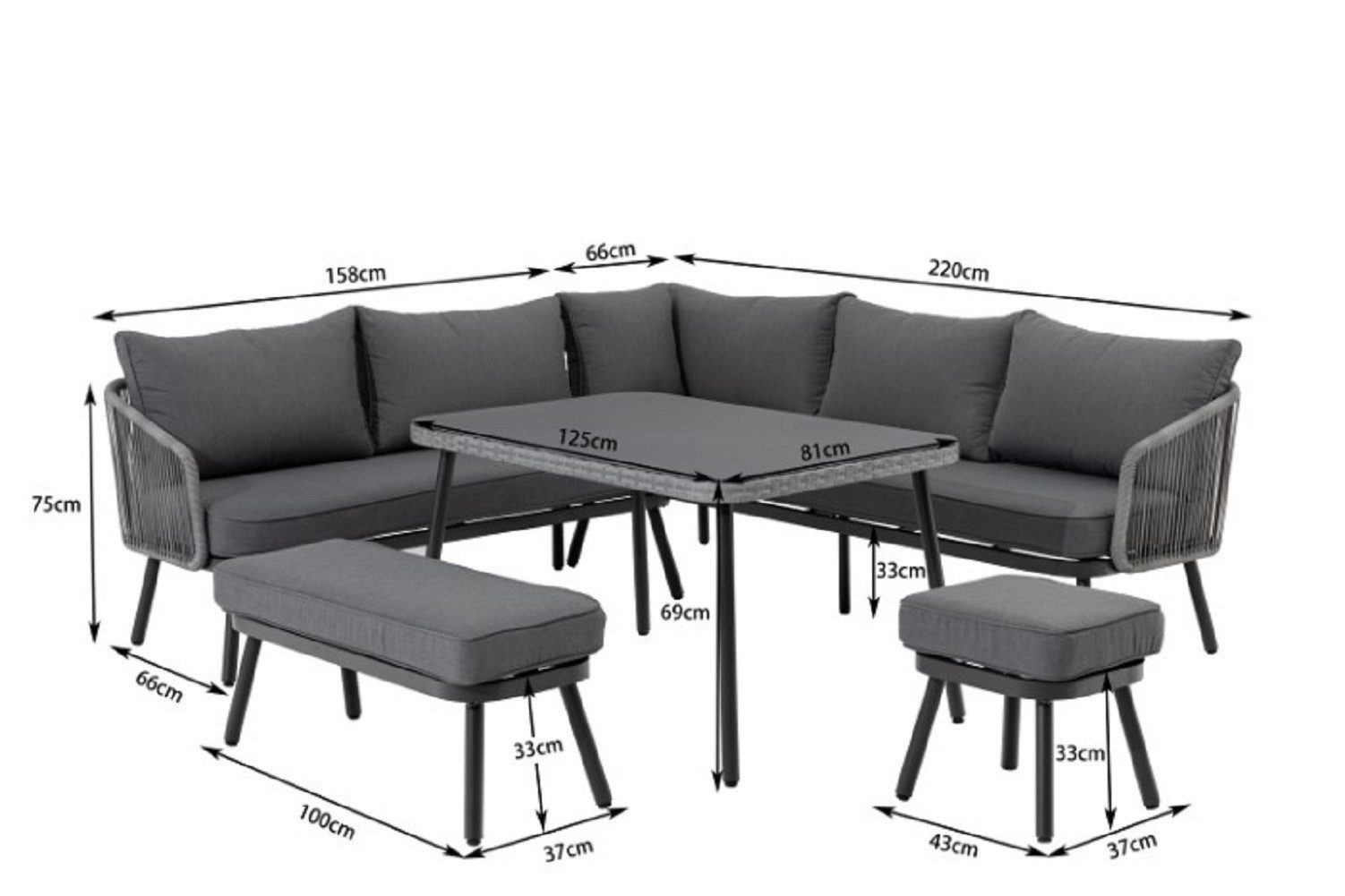 Gardissimo Gartenlounge-Set "Cento", hohe Dining Rope Eck Lounge Set Dining, (Spar-Set, 4-tlg., Eckelement + Tisch + großer Hocker + kleiner Hocker), Kissen mit Reißverschlüssen / 120 kg Tragkaft pro Sitzplatz