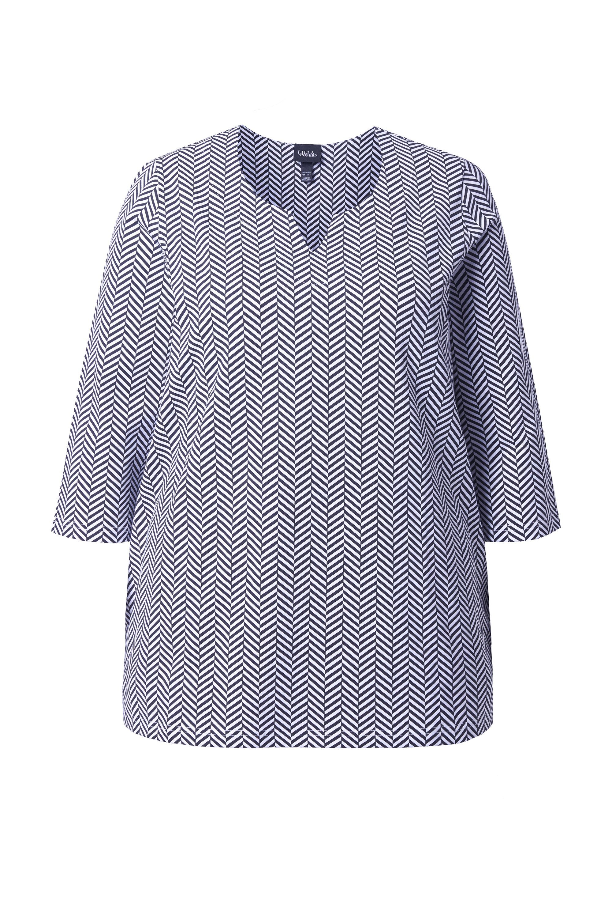 Ulla Popken T-Shirt Shirt Fischgrat A-Linie Tunika-Ausschnitt 3/4-Arm günstig online kaufen