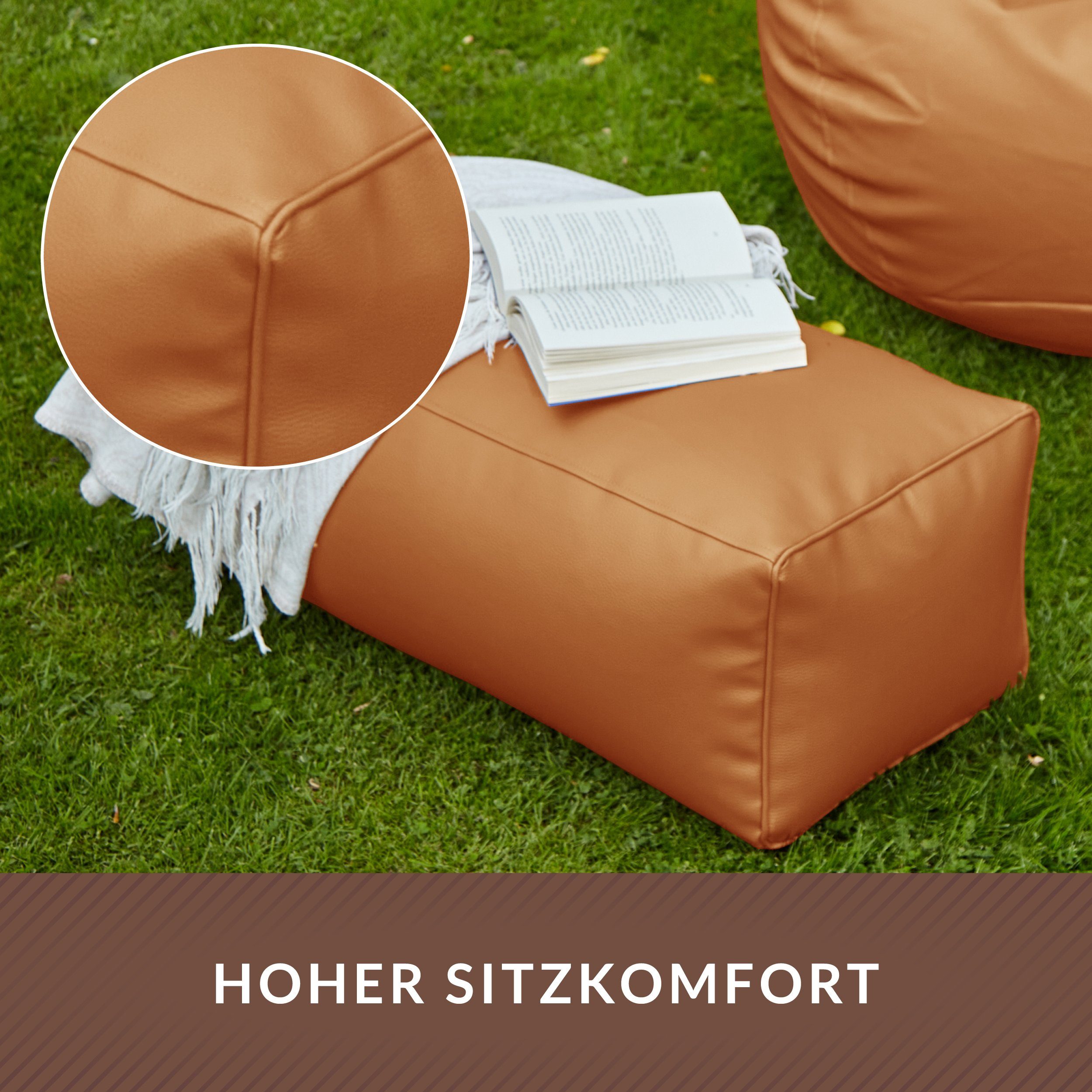 Indoor Cognac geeignet), Kunstleder, Hocker Kissen Sitzsack und mit Bean Bag Riesensitzsack (aus passenden Pouf Outdoor Ottomane Chair Green Kissen Gaming Bean Couch inkl. Lounge Rückenlehne