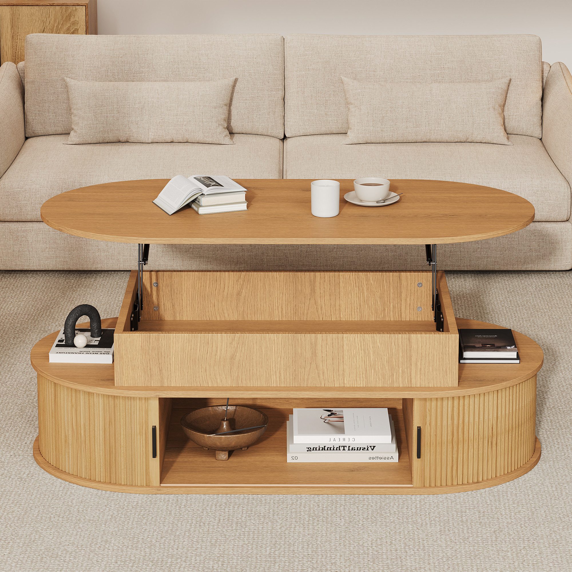 KLAM HOME Couchtisch Couchtisch höhenverstellbar bis 55cm mit Stauraum für Wohnzimmer (Sofatisch mit hydraulischem Hebemechanismus, …