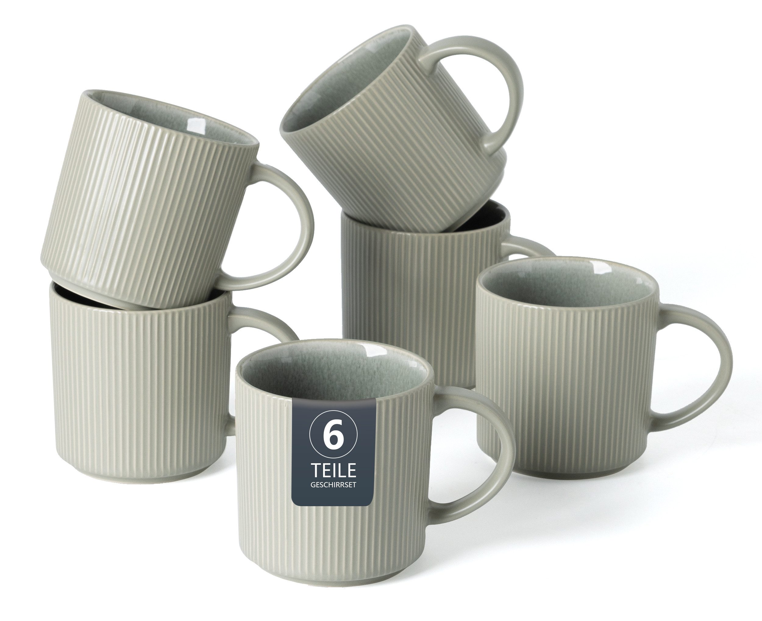 OTTO home Becher Kaffeebecher Ylvii, 6er Set, 6-tlg., Steinzeug, Riffeloptik, spülmaschinenfest und mikrowellengeeignet, 460 ml