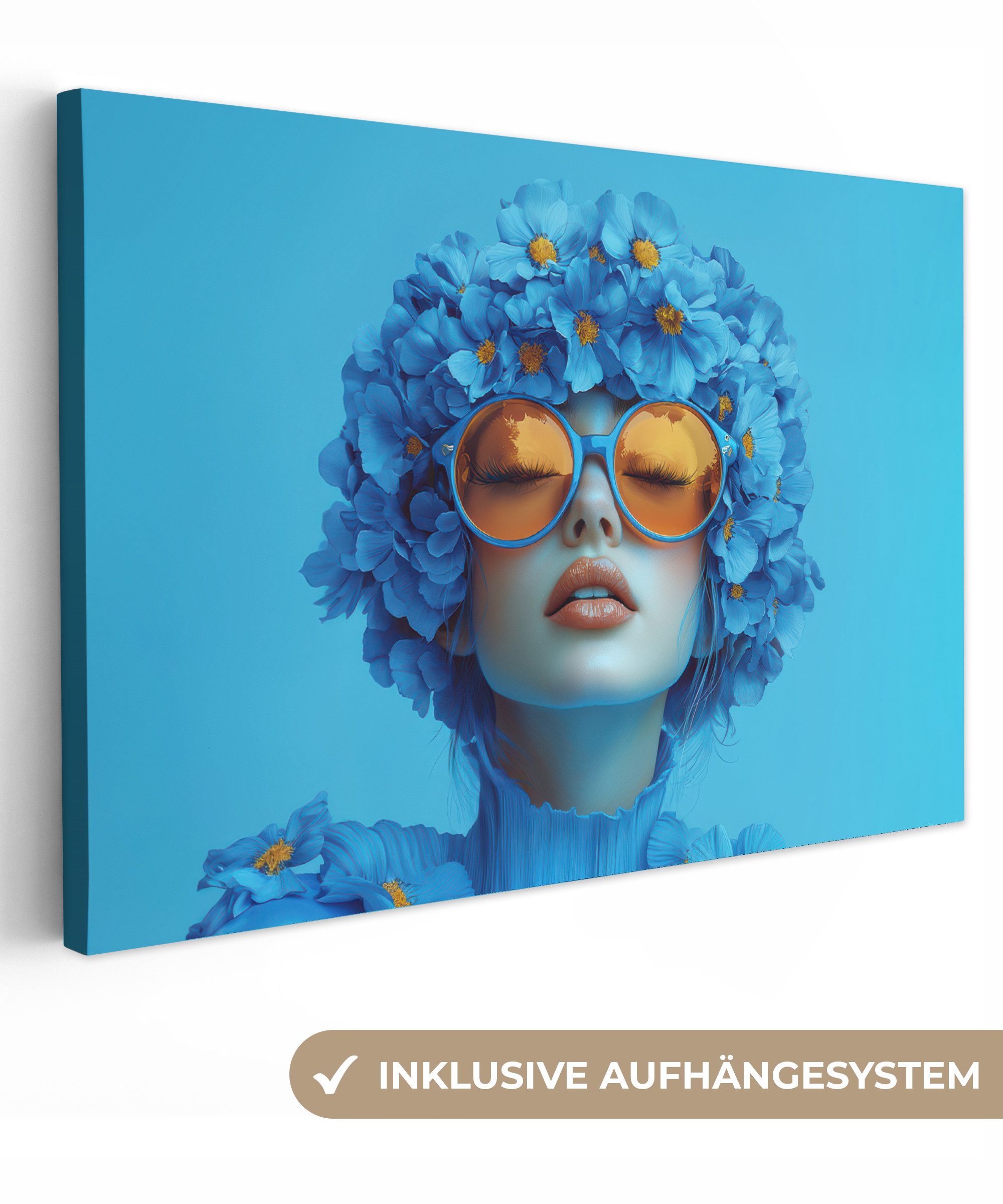 OneMillionCanvasses® Leinwandbild Frau - Blume - Blau - Modern - Brille - P günstig online kaufen