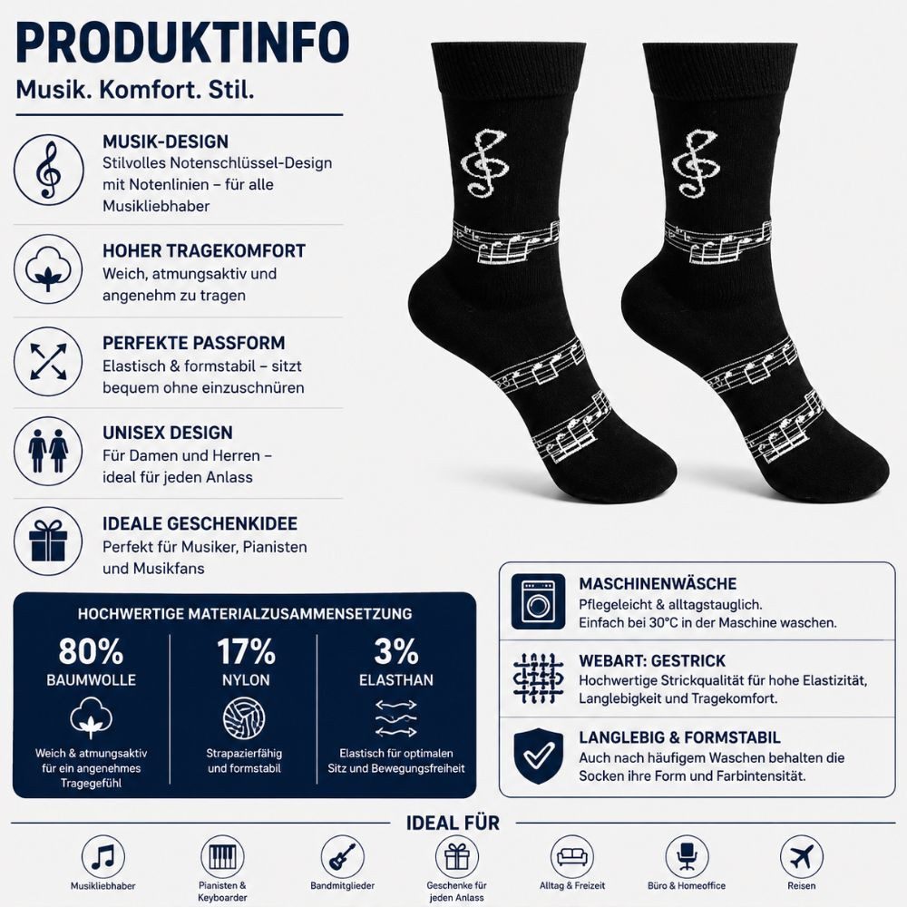 mugesh Freizeitsocken Musik Socken Notenschlüssel für Musiker – Bild 4 von 5