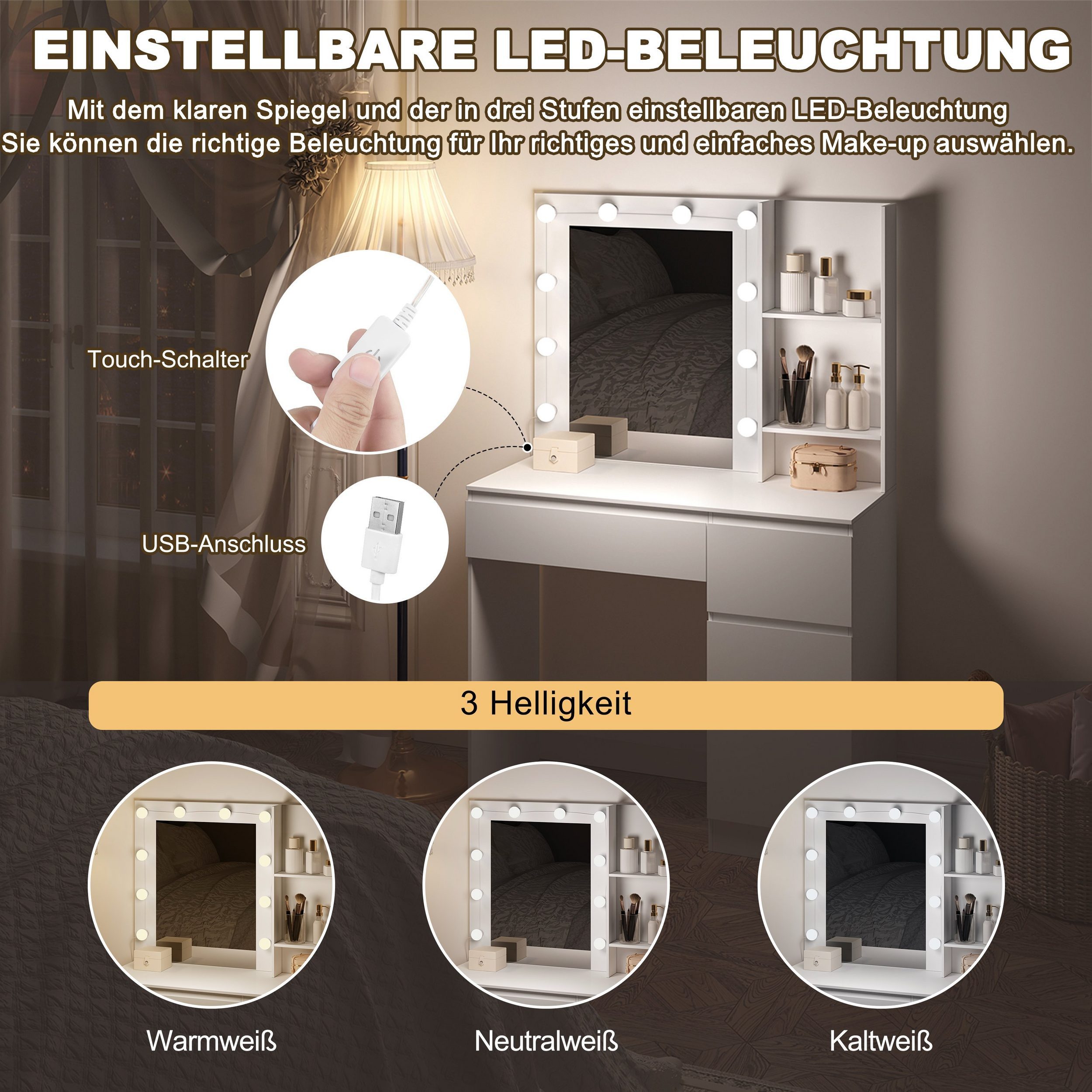 EUGAD Schminktisch (1-St), mit Spiegel und LED-Beleuchtung, mit Stauraum, Weiß