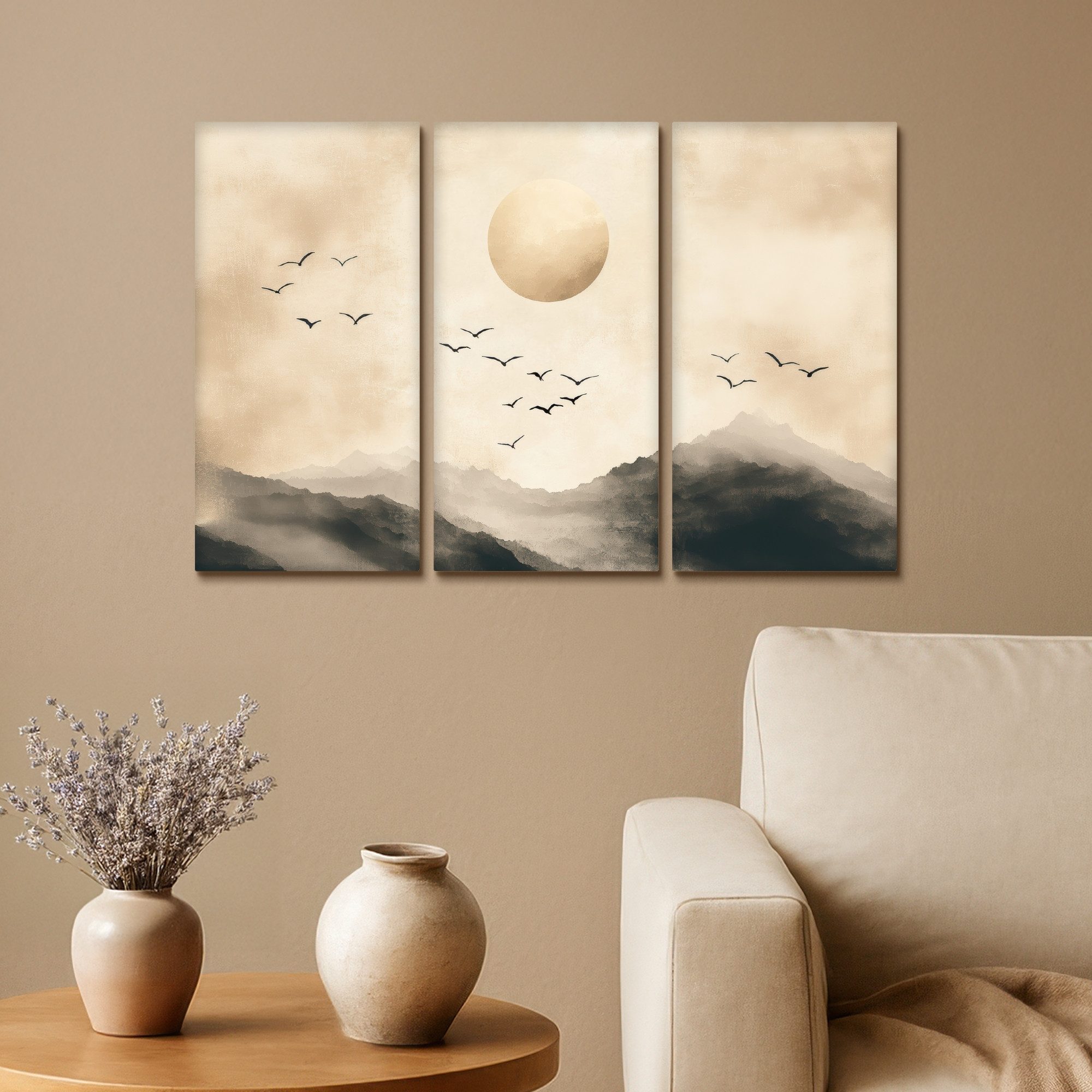 MuchoWow Leinwandbild Landschaft - Japandi - Beige - Vögel, Fotodruck (3 St günstig online kaufen