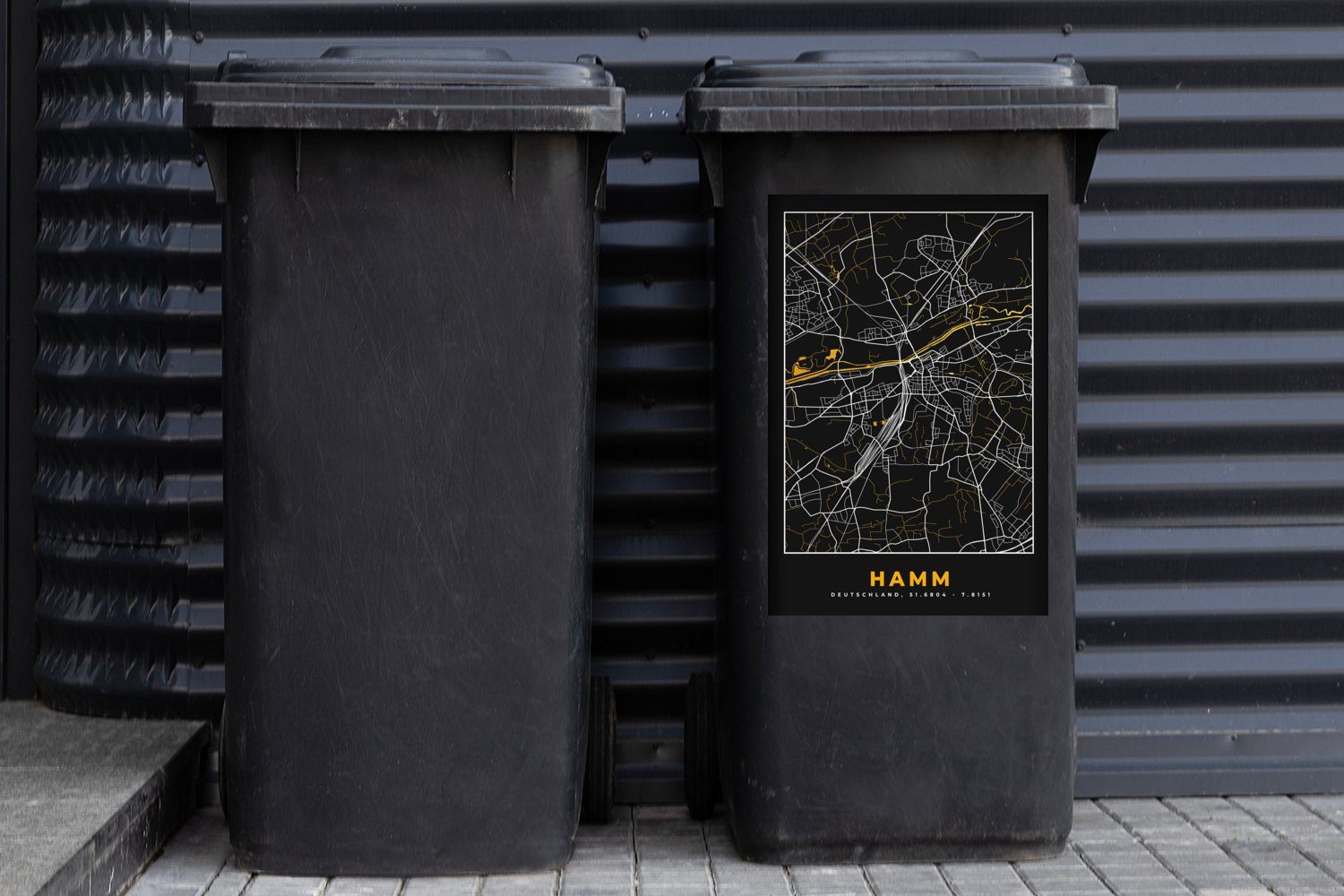 Wandsticker Mülltonne, - Sticker, MuchoWow Deutschland (1 und Stadtplan Abfalbehälter Gold Container, Karte - - - St), Hamm Schwarz Mülleimer-aufkleber,