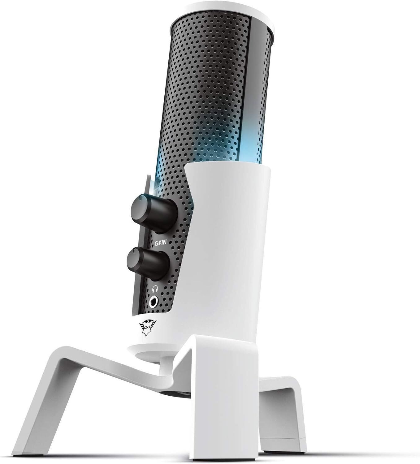 Trust Streaming-Mikrofon Gaming GXT 258W Fyru 4-in-1 USB LED-Beleuchtung Mikrofon Weiß (1-tlg), Omnidirektional, Dämpferfunktion, Universeller 5/8 Zoll-Schraubadapter