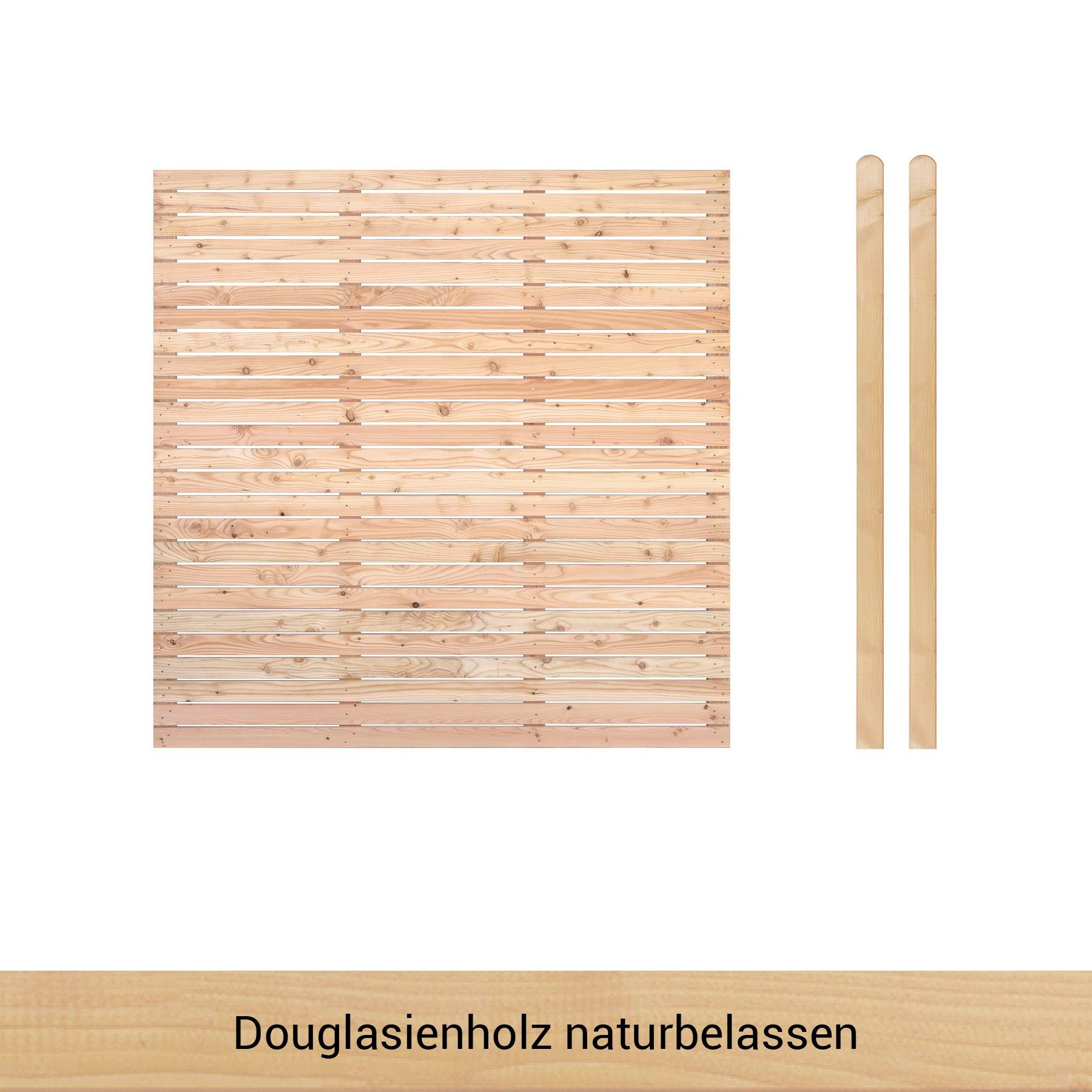 BM Massivholz Zaun Kurt Set 1, (Set), 1 Zaunelement 180 x 180cm, 2 Pfosten, Kopf gerundet, Länge 190cm