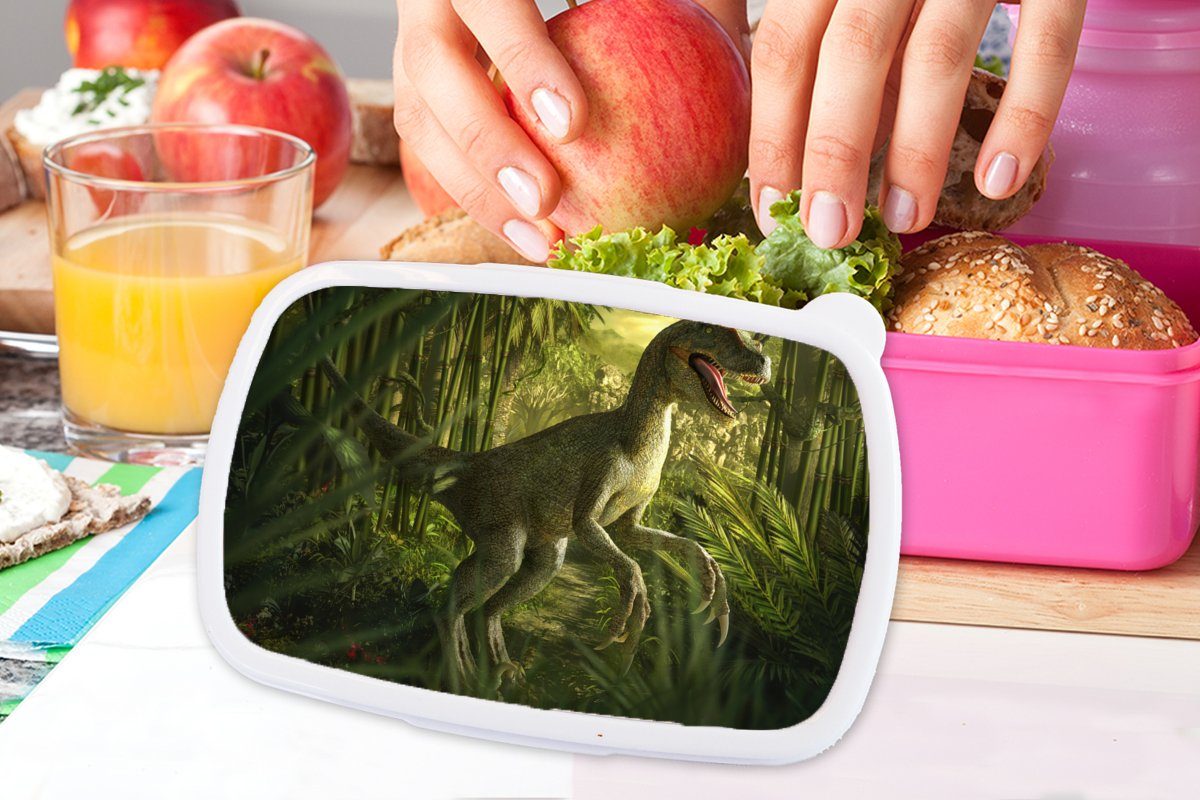 MuchoWow Lunchbox Dinosaurier - Pflanzen (2-tlg), für - Kunststoff Grün Brotdose Kinder Illustration - Brotbox - Jungen, Kinder, - Erwachsene, Kunststoff, Mädchen, Snackbox, rosa