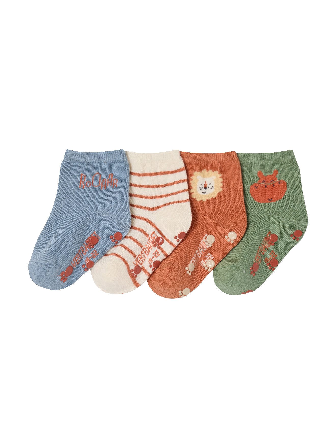 Socken 4er-Pack Baby Stoppersocken, Löwe und Nilpferd