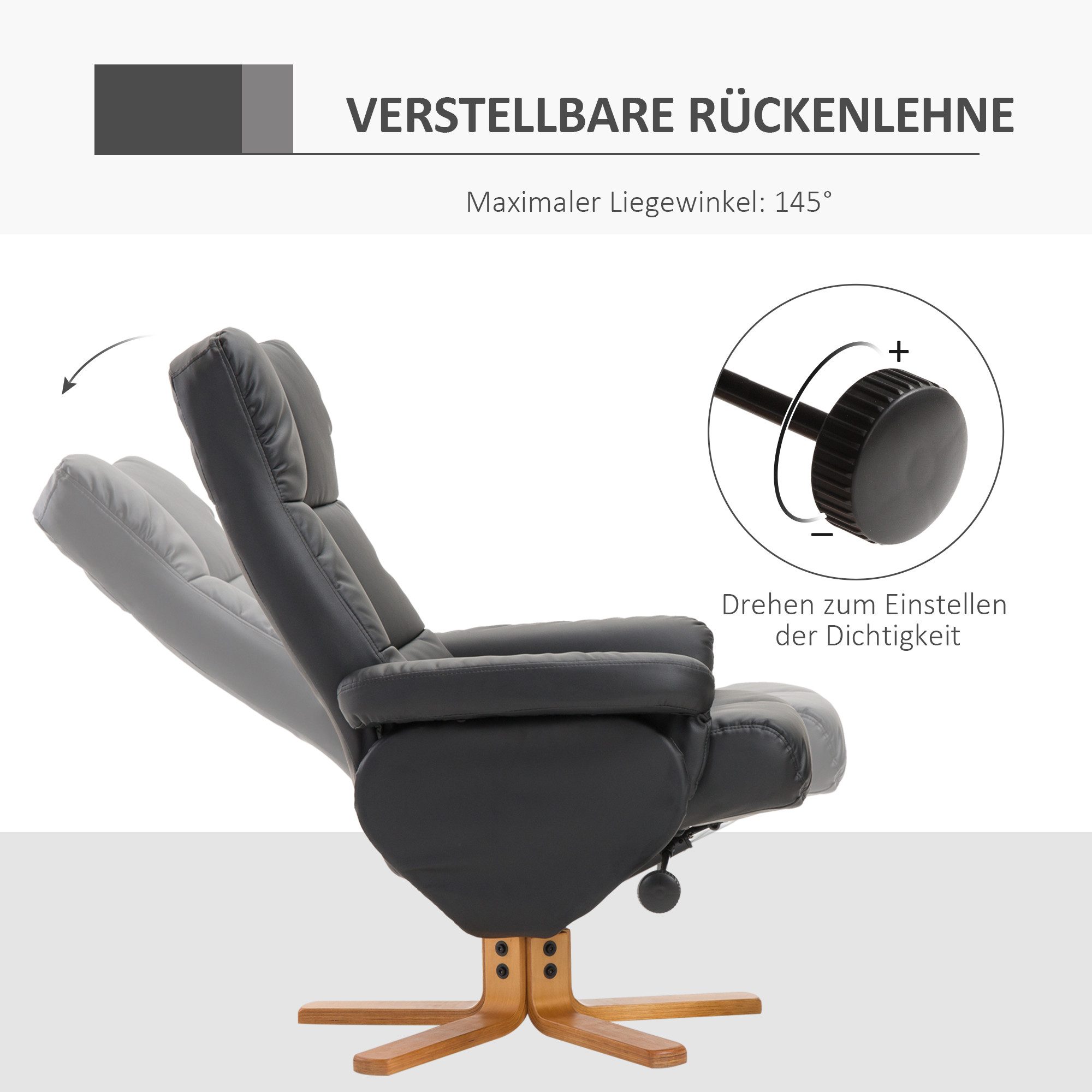 HOMCOM Polsterstuhl Lesesessel mit Hocker, Liegefunktion für Schlafzimmer, Wohnzimmer (Relaxsessel, 2 St), für Wohnzimmer, Schwarz – Bild 4 von 5