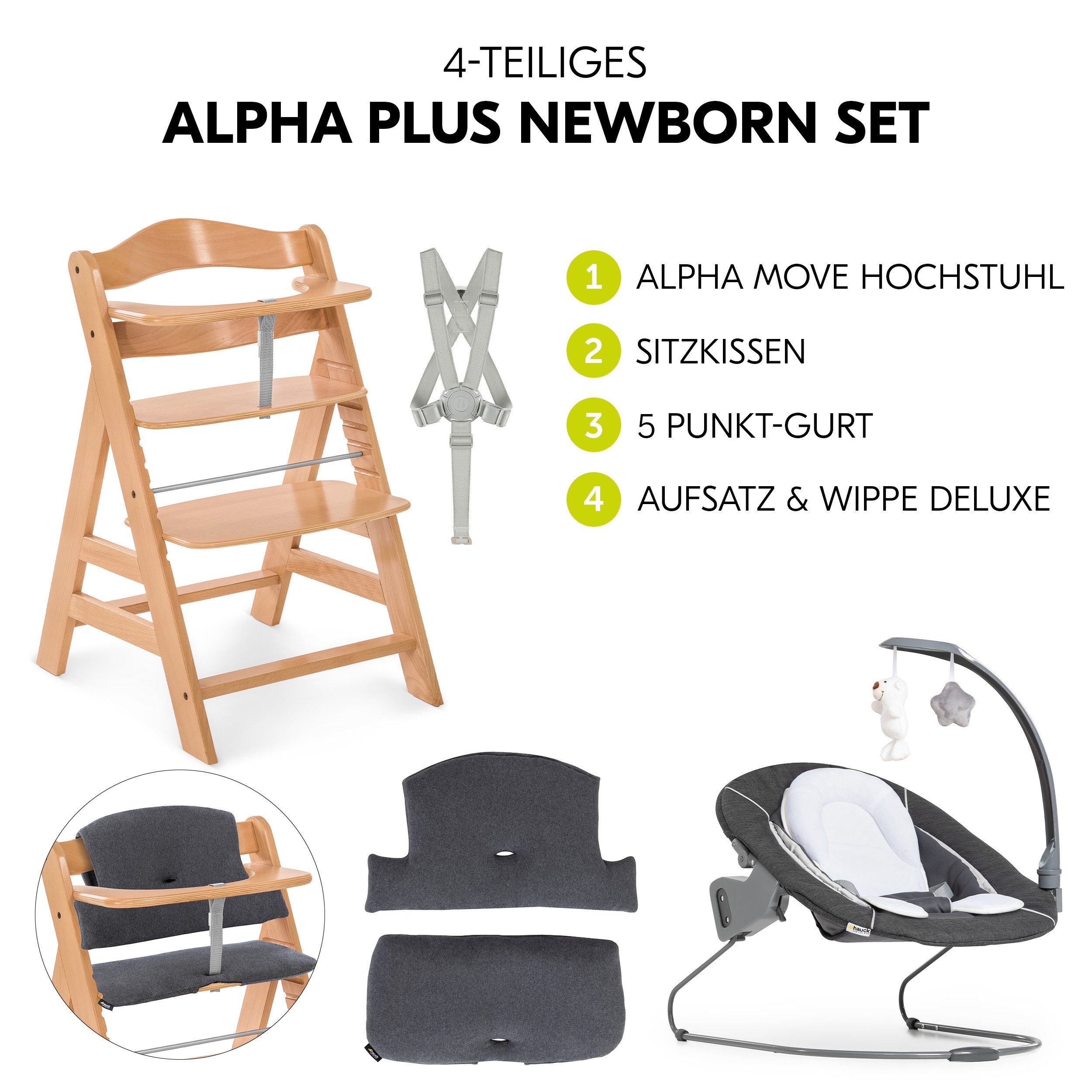 Hauck Hochstuhl Alpha Plus Newborn Set Deluxe - Natur, Holz Babyhochstuhl ab Geburt inkl. Neugeborenen Aufsatz & Sitzauflage
