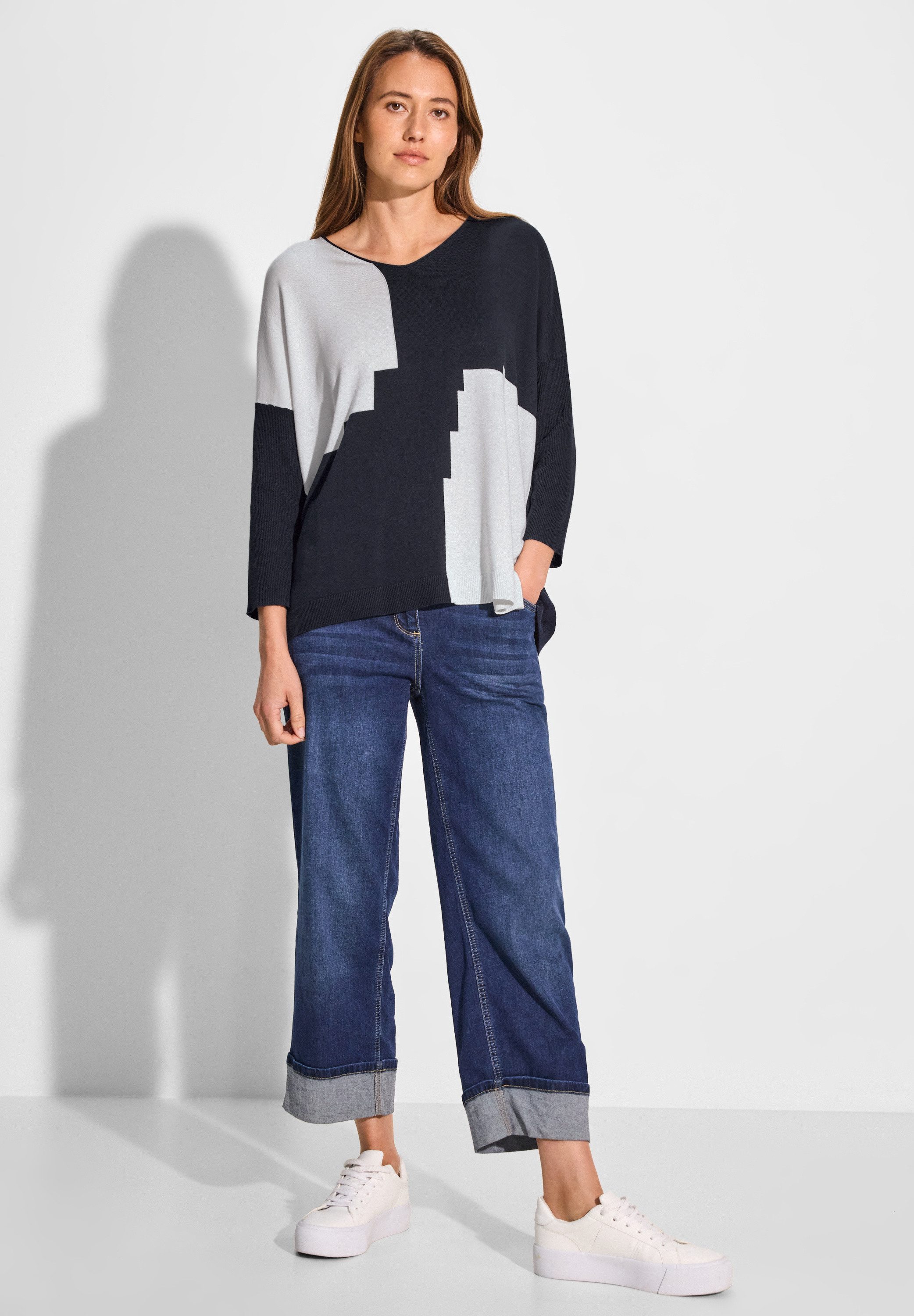 CECIL Longpullover mit abgerundetem V-Ausschnitt
