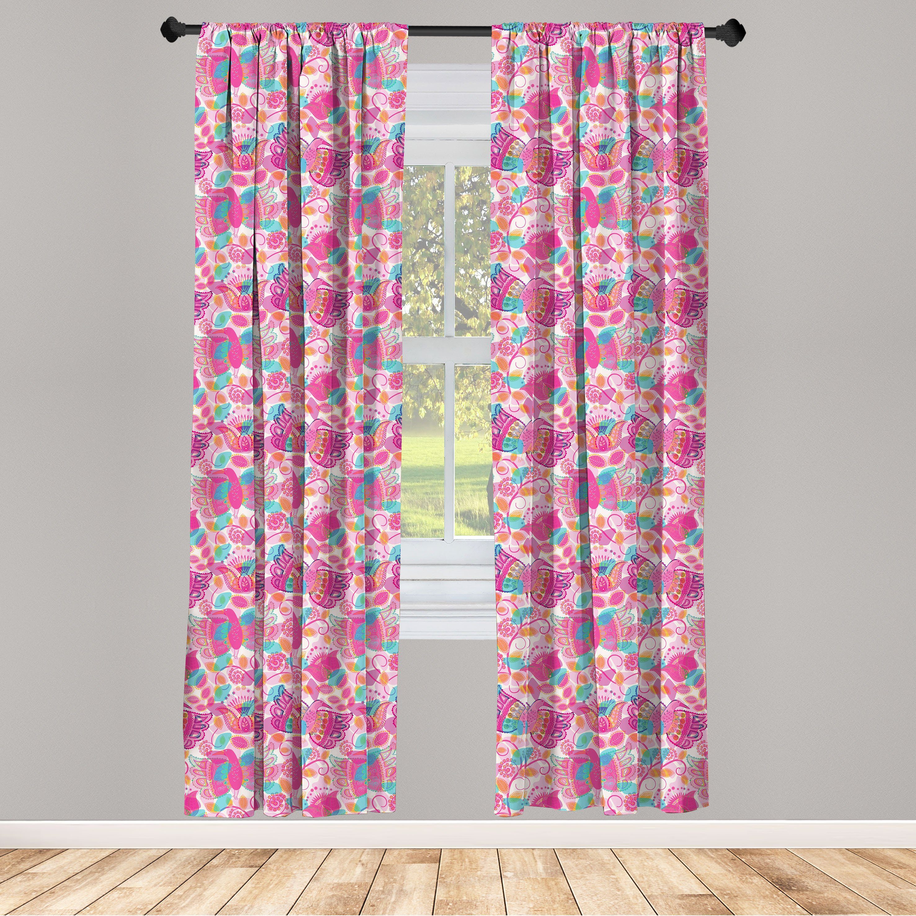 Gardine Vorhang für Wohnzimmer Schlafzimmer Dekor, Abakuhaus, Microfaser, Blumen Ziergeflügel und Blätter