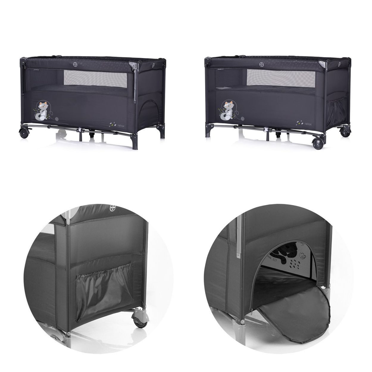 Chipolino Baby-Reisebett Reisebett Relax 2 Ebenen, Vorderseite absenkbar, Seiteneingang, Tasche