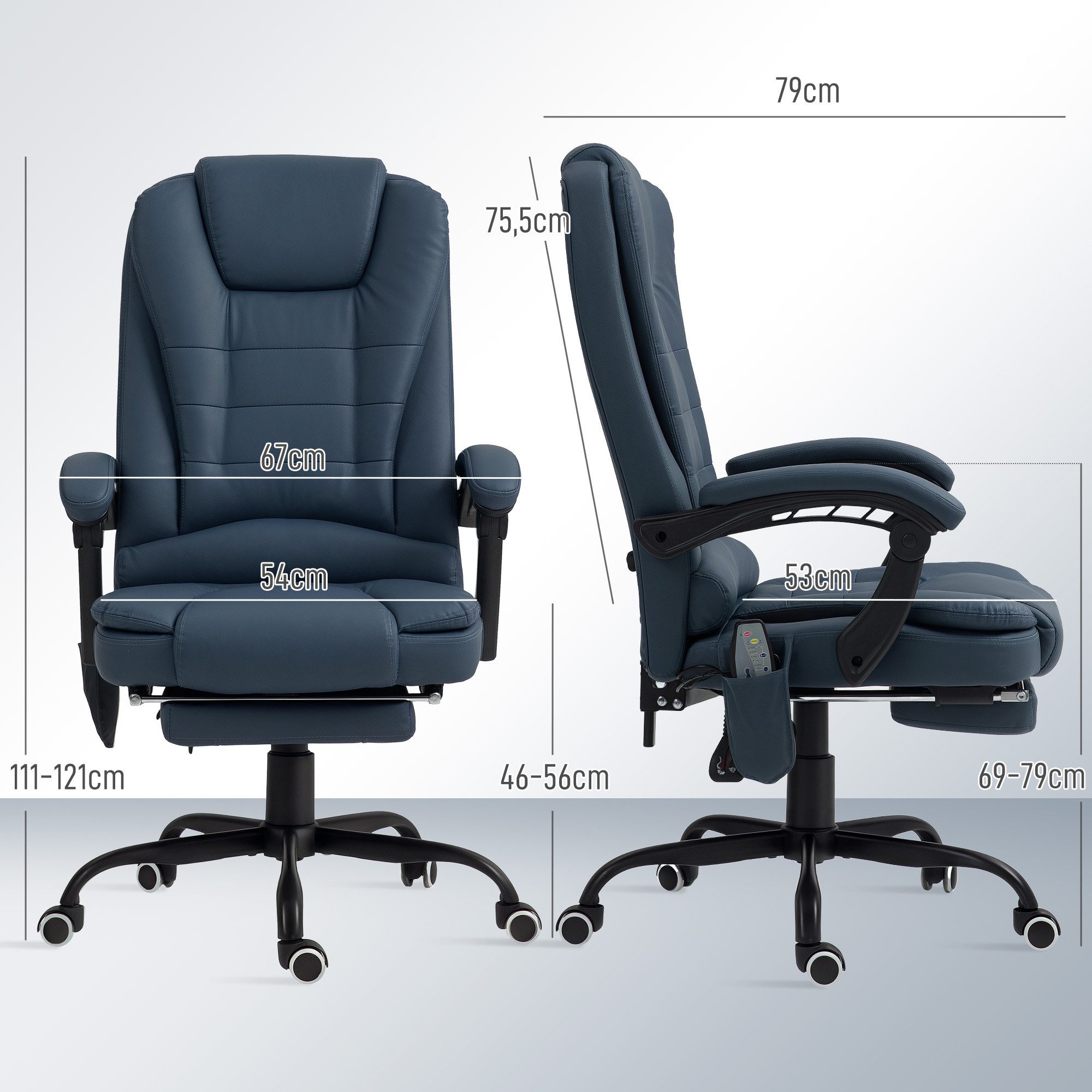 Vinsetto Schreibtischstuhl Bürostuhl mit Massagefunktion, Liege- & Wärmefunktion, Fußstütze (Bürostuhl, 1 St), 120 kg belastbar, für Arbeitszimmer, Büro, Blau