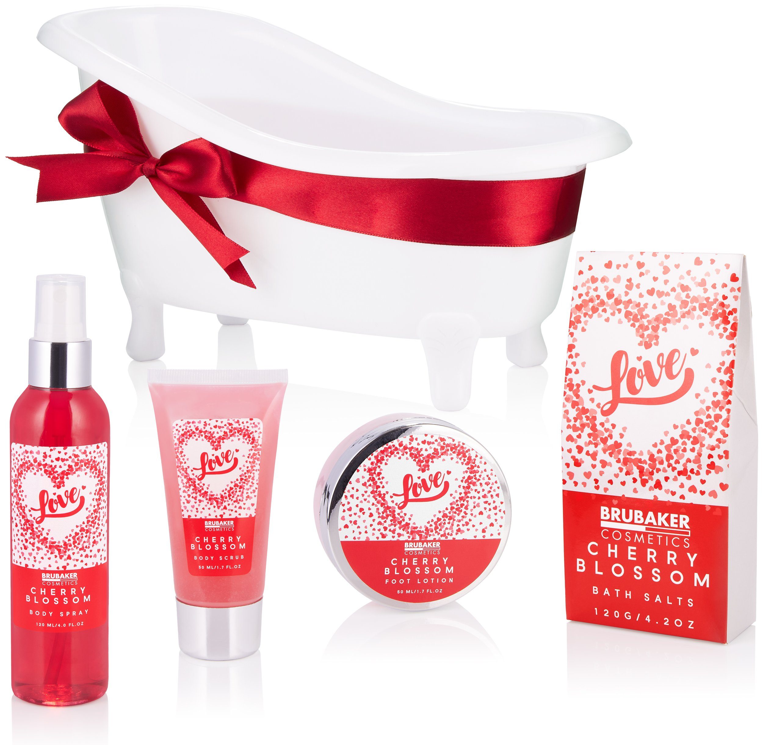 BRUBAKER Hautreinigungs-Set Love für Dusch- Duft, 8-tlg., und Geschenkset mit Frauen Rot in Badewanne, Beauty Wellness Pflegeset Weiß Deko Damen, Badeset für Kirschblüten