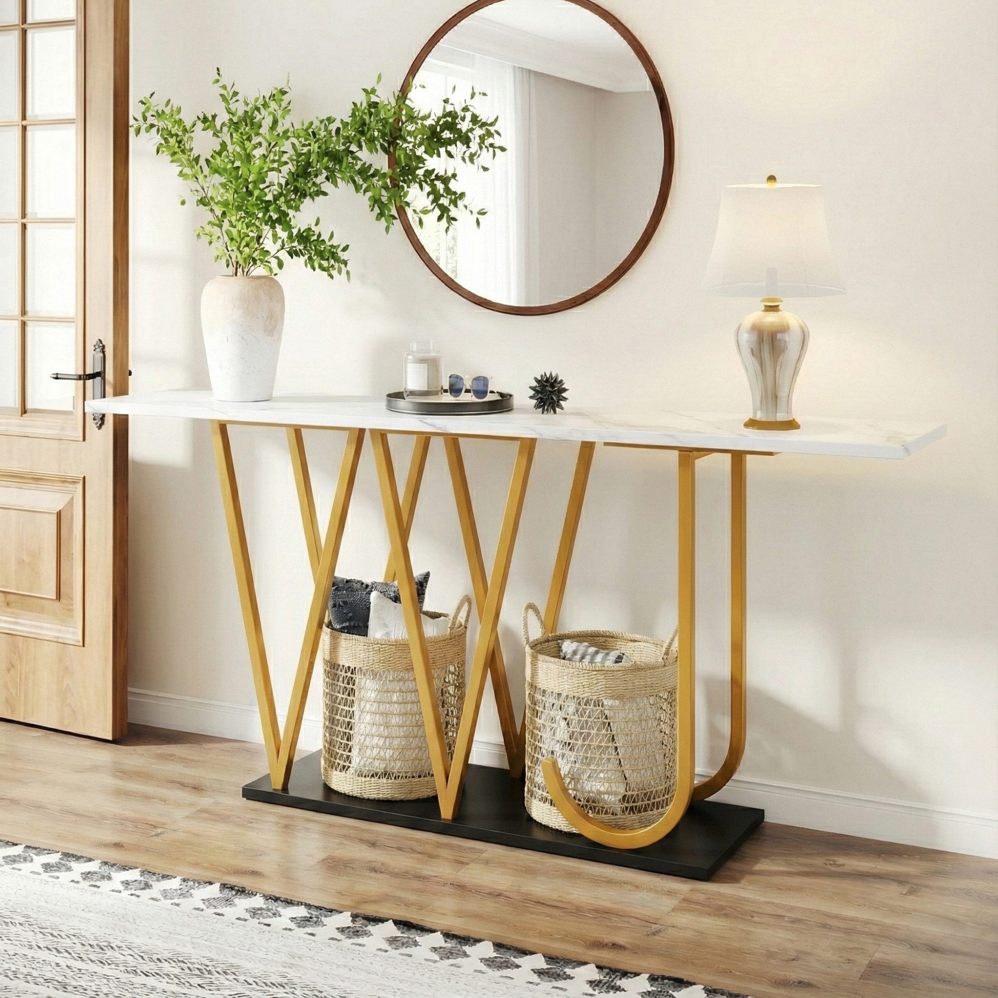 REDOM Esstisch Flurtisch, Küchentisch, Balkontisch (Flurtisch 120 cm mit Marmoroptik Tischplatte, Goldfarbene Metallbeine, Stauraum, 1-St., 120 x 29,5 x 80 cm)