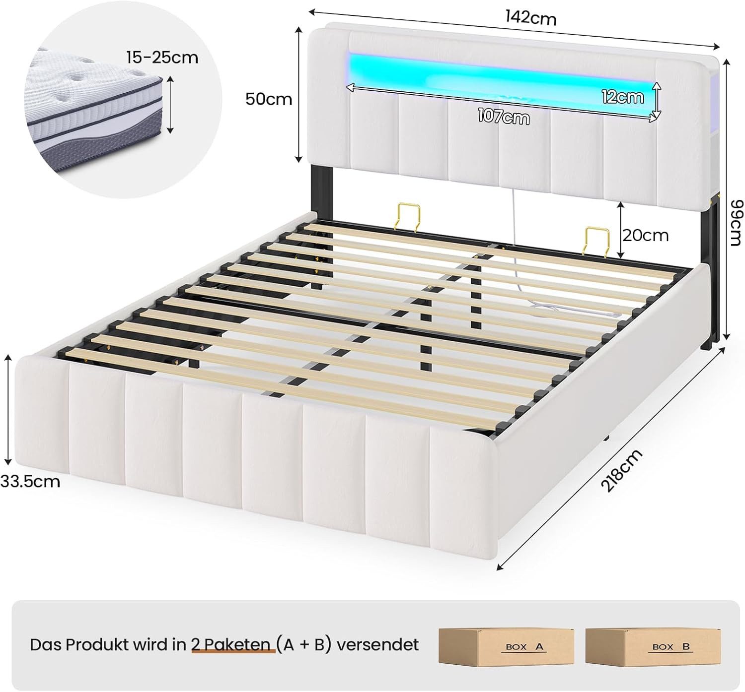 MSMASK Polsterbett Hydraulisches Bett mit LED-Bleuchtung und Ladestation (1-tlg., Ohne Matratze), Jugendbett mit Stauraum 140x200cm, Samt