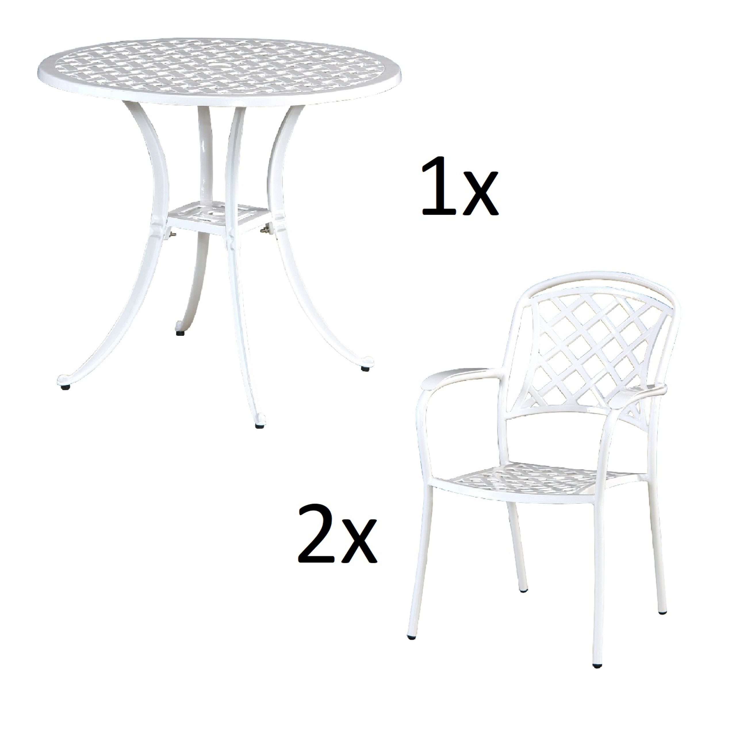 Inko Sitzgruppe Inko 3-teilige Sitzgruppe Aluminium Guss weiß Tisch Ø 80 cm mit 2