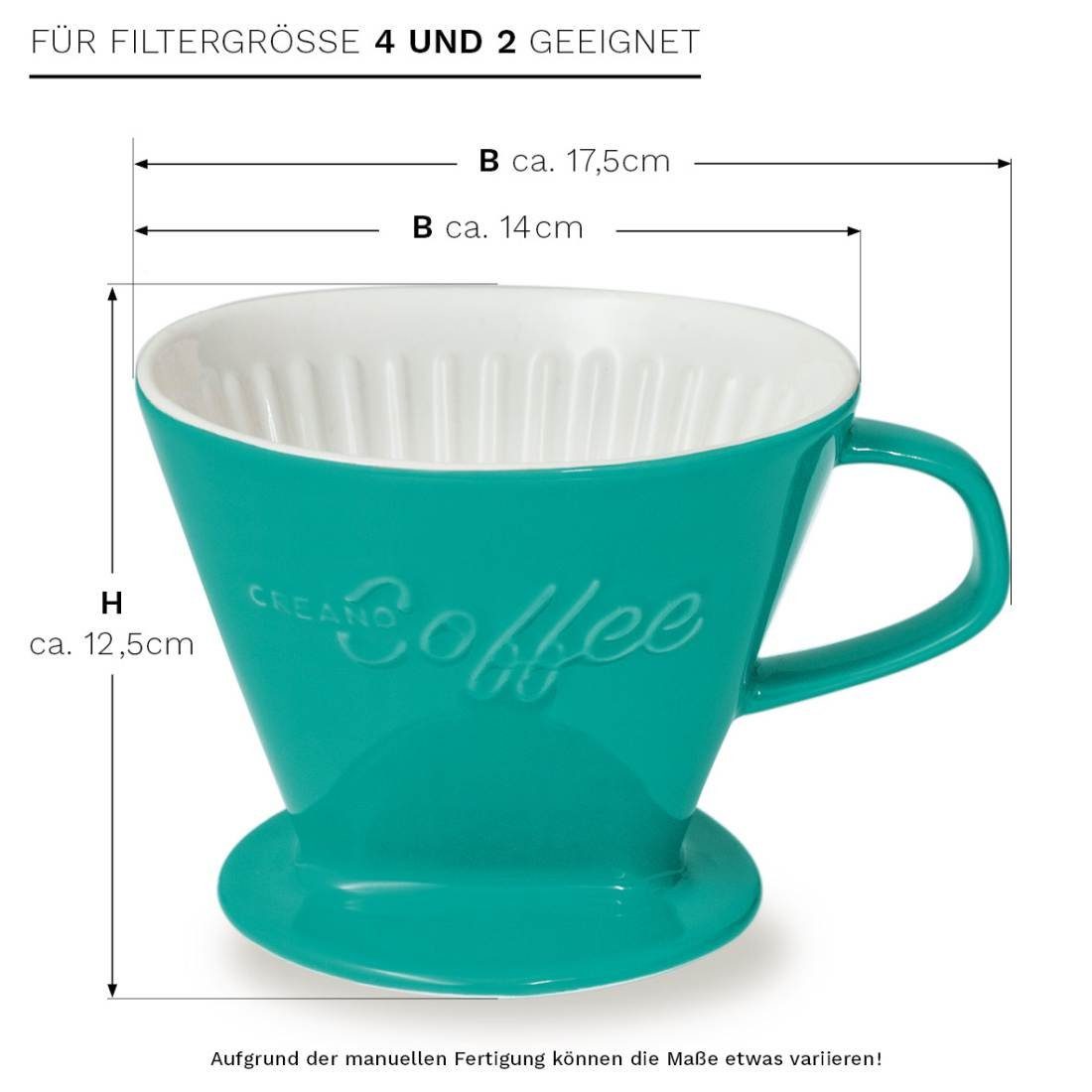 French Press Porzellan Kanne 4 Filter Filtertüt, Größe Kaffeefilter Manuell (Jadegrün), Creano für Creano 4