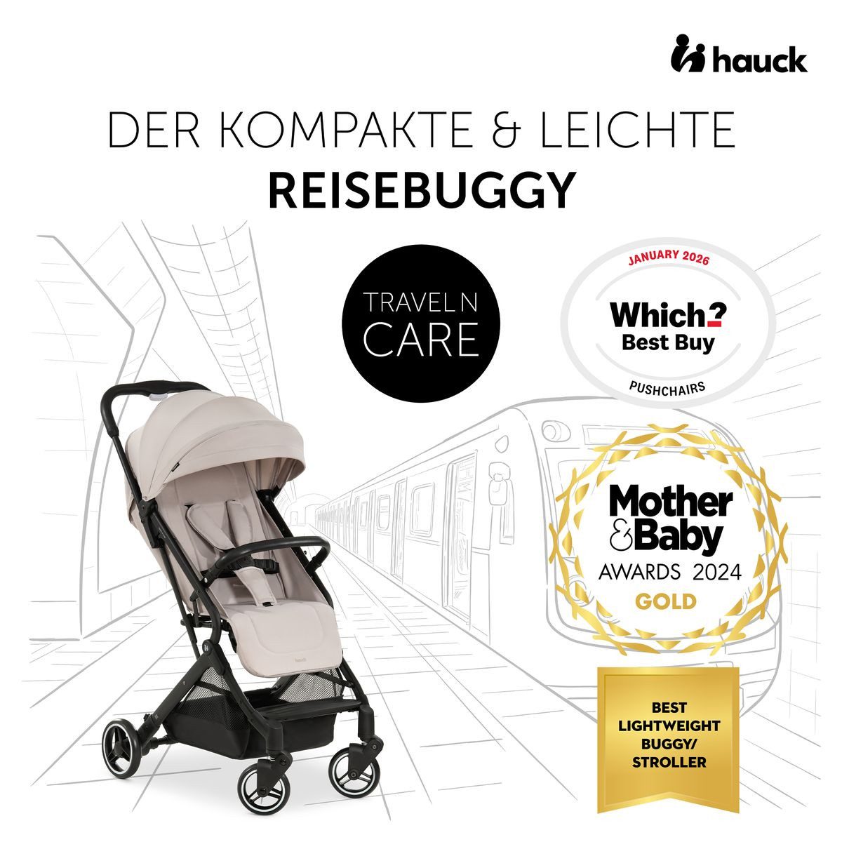 Hauck Sportbuggy Travel N Care - Beige, Reisebuggy Sportwagen mit Liegefunktion inkl. Sitzauflage bis 22 kg