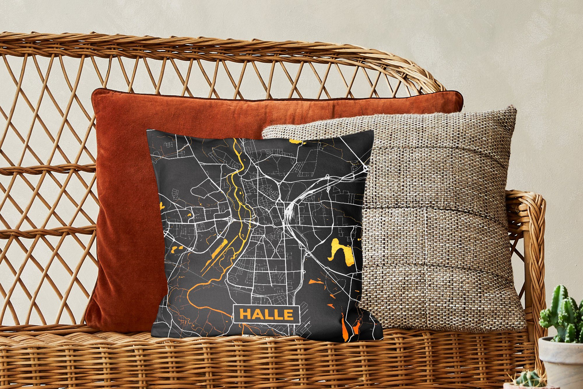 Halle - - Deutschland, Zierkissen - Deko, Karte Schlafzimmer, für Dekokissen mit Stadtplan Gold Füllung MuchoWow Wohzimmer, - Sofakissen