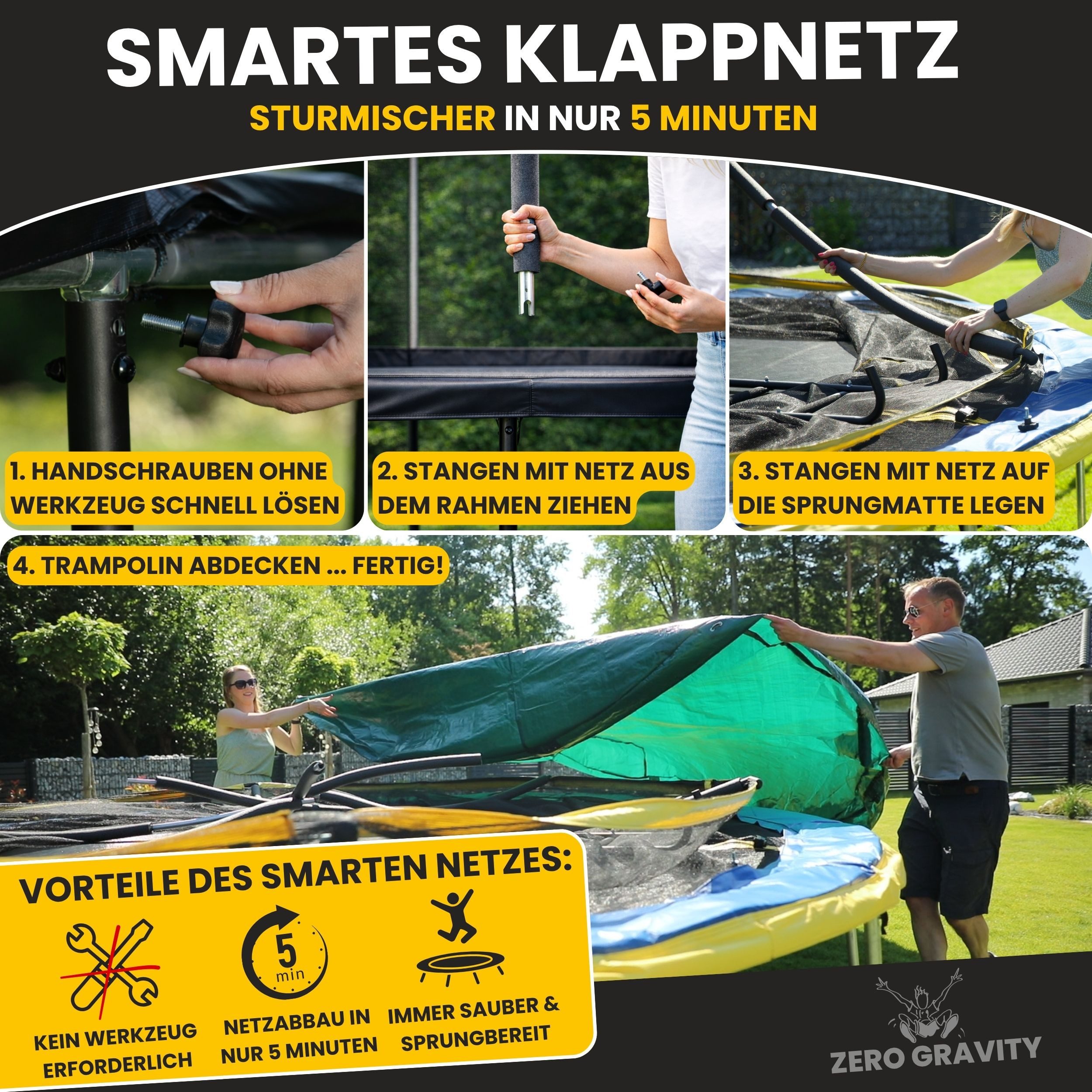 Zero Gravity Gartentrampolin Trampolin Outdoor Ø183/244/305/366/427cm mit smartem Klappnetz, Ø 244 cm, TÜV GS geprüfte Sicherheit