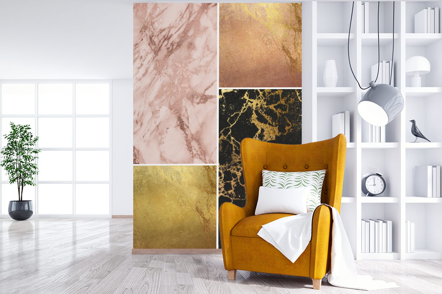 Fototapete (3 St), MuchoWow Wohnzimmer, für bedruckt, Montagefertig Collage Tapete Vinyl Gold, - Marmor Matt, Wandtapete -