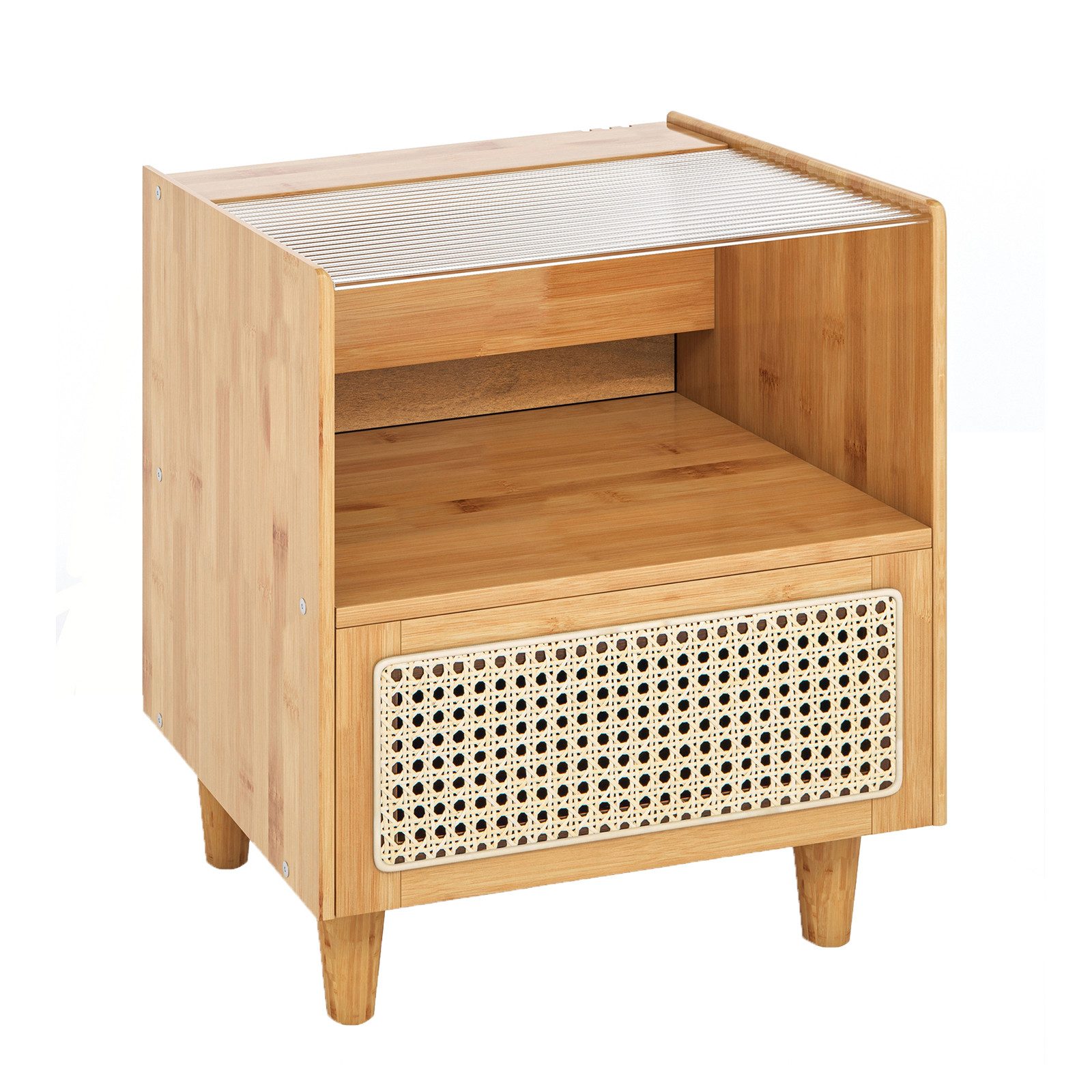 COSTWAY Nachttisch (1-St), Rattan Beistelltisch, mit Glastischplatte, aus Bambus