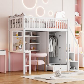 Ulife Hochbett Kinderbett mit großem Kleiderschrank Regal und Tisch,90 x 200cm Stauraum Treppe Mehrzweckbetteinheit Holzbettgestell