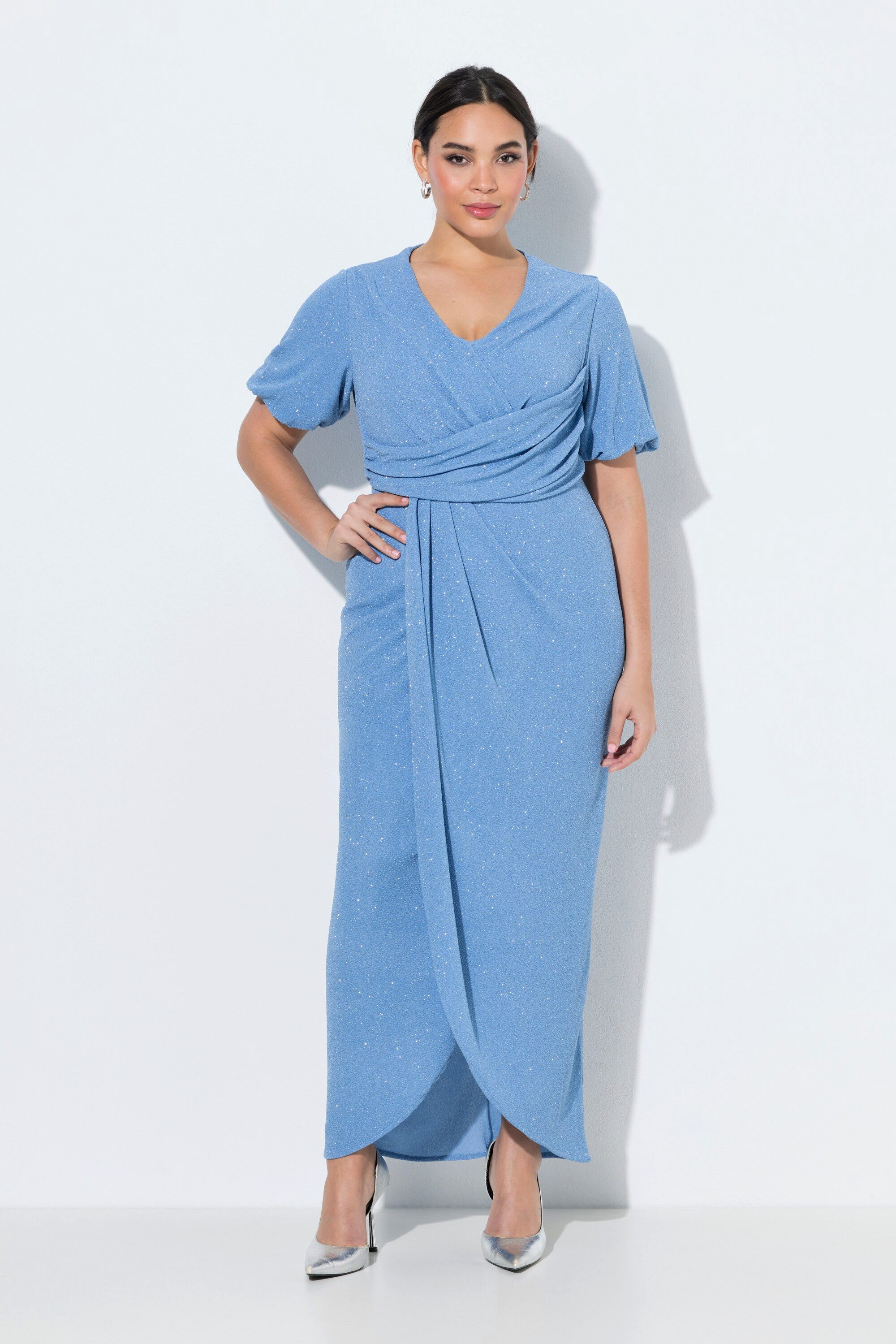 Ulla Popken Midikleid Maxikleid Wickeloptik V-Ausschnitt Ballon-Halbarm