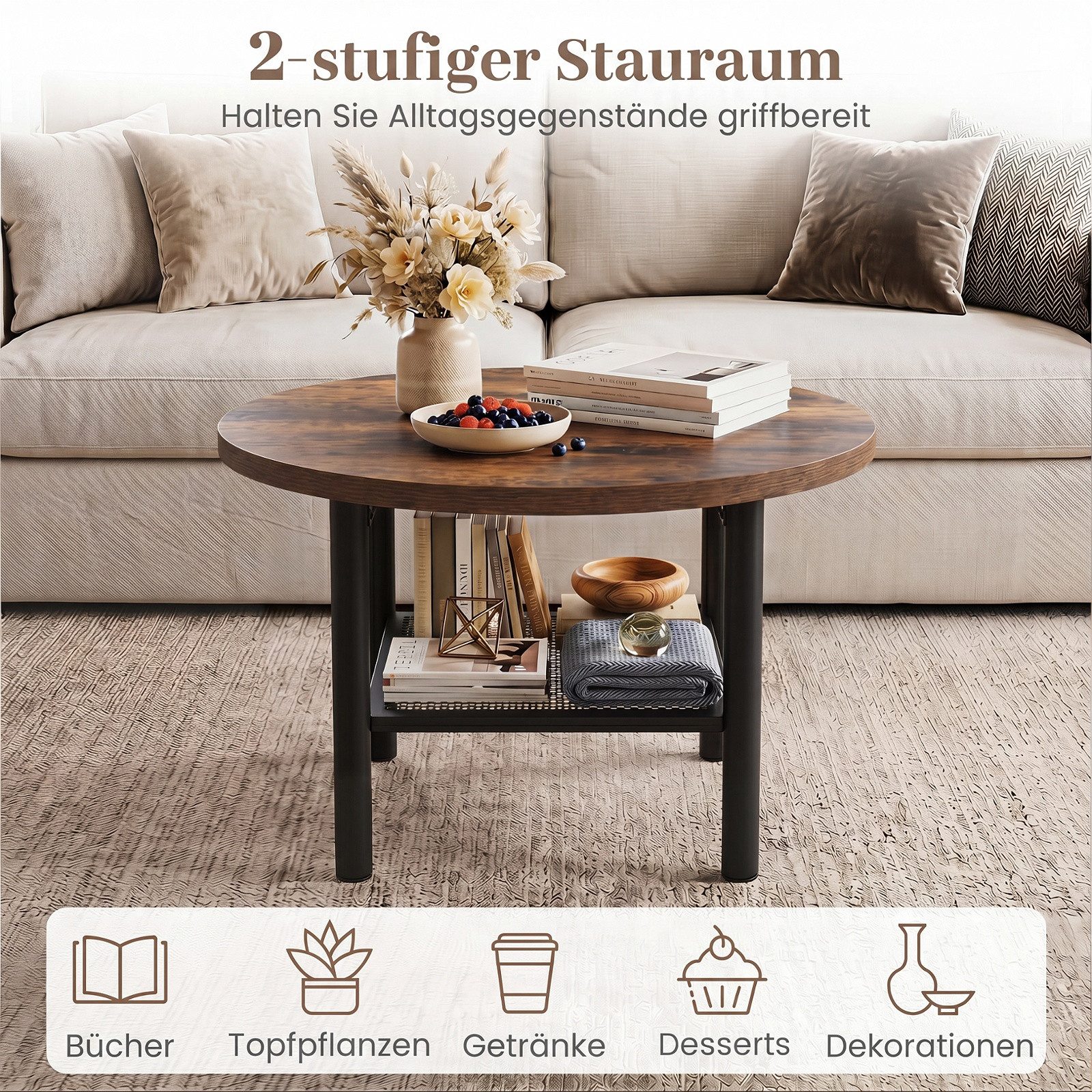 COSTWAY Couchtisch rund Metall braun mit Stauraum, Wohnzimmertisch 60x60cm – Bild 3 von 5