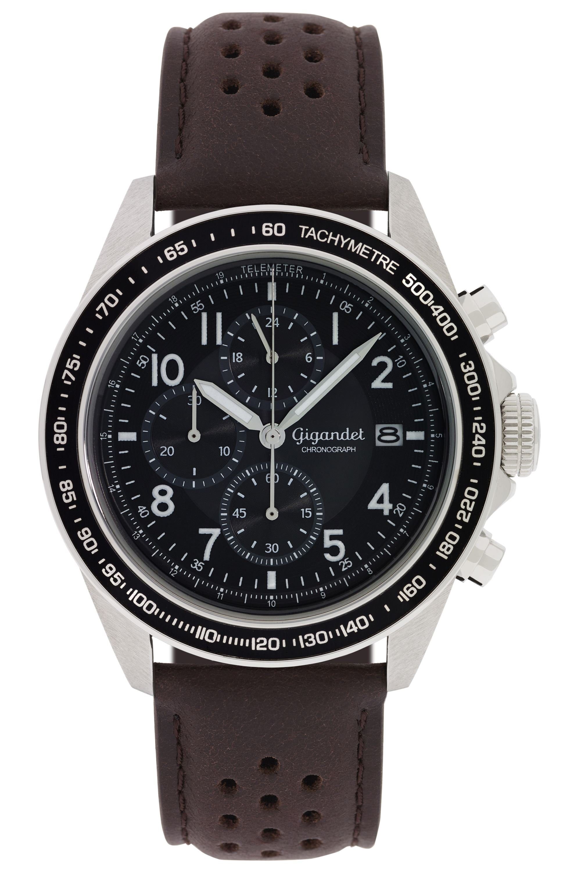 Gigandet Chronograph Herrenuhr, Armbanduhr, Sportuhr, 43mm, RACETRACK G24-010 G24-010, Mineralglas, Datumsanzeige, Lederband, 10bar/100m wasserdicht