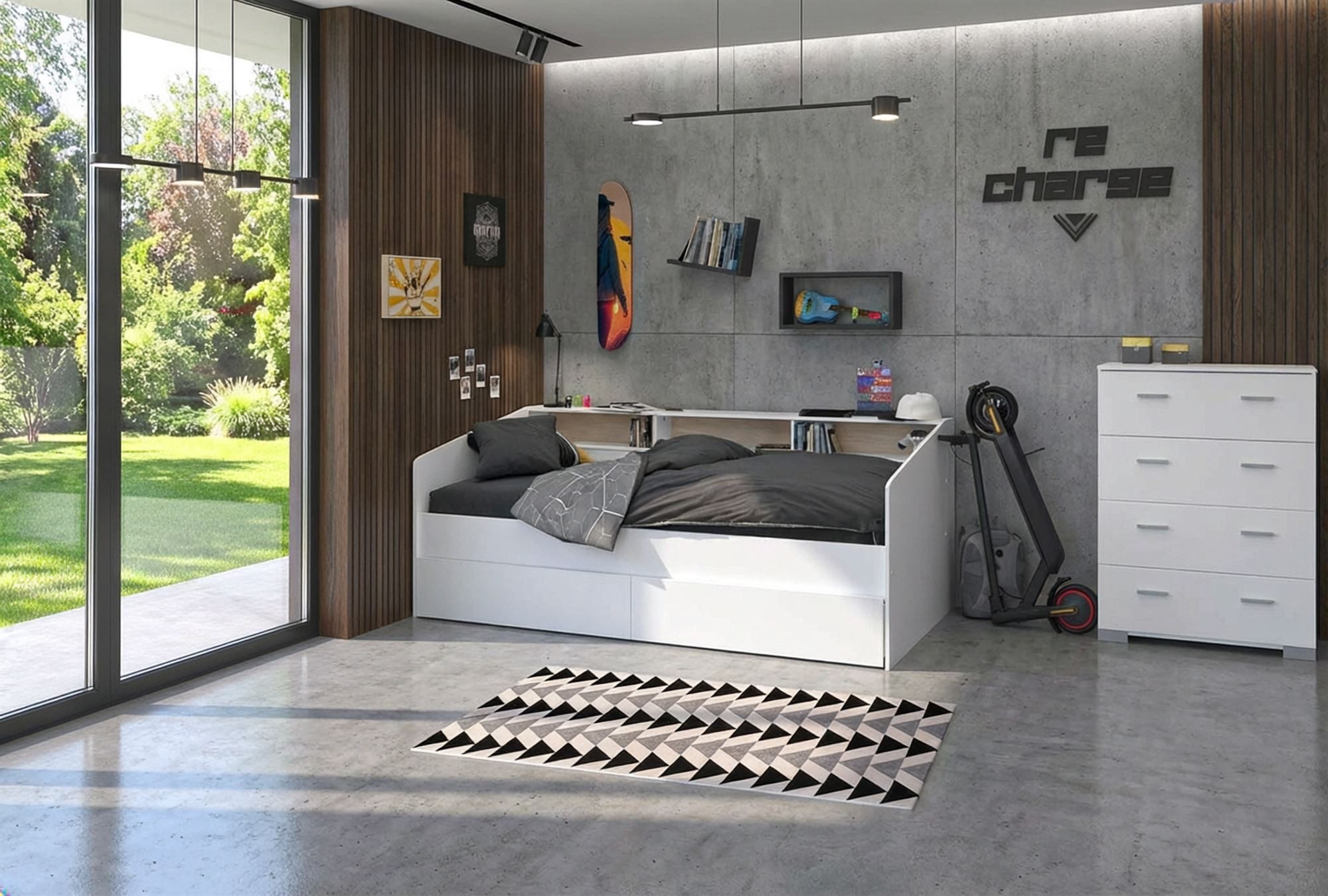 58 aufm Kessel Jugendzimmer-Set Kinderzimmer Set Parisot Sleep 3-tlg. Holzdekor Weiß/Eiche, (inkl. Versand, Lieferung bis Verwendungsstelle), Regalrückwände beim Bett in Weiß oder Eiche