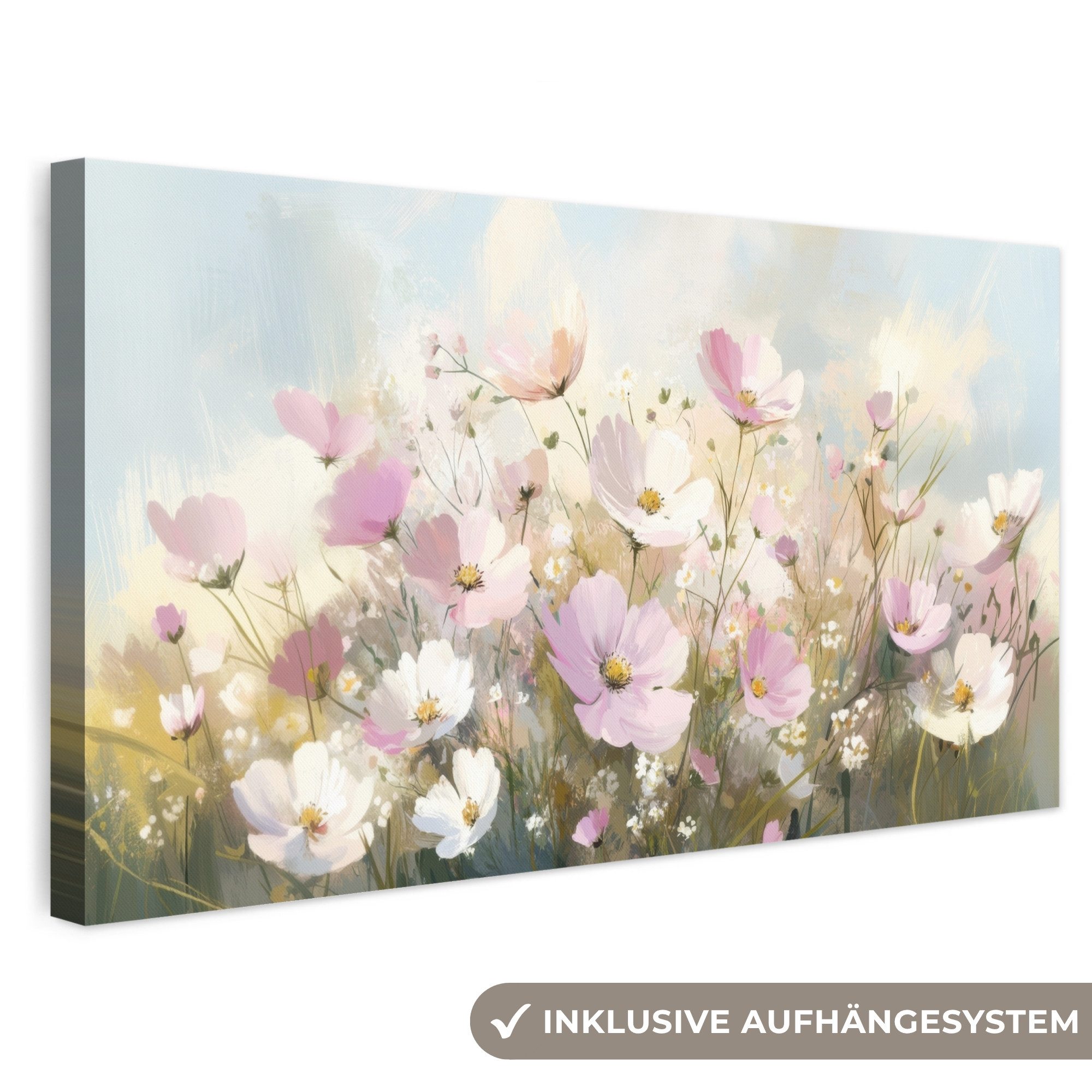 OneMillionCanvasses® Leinwandbild Panorama Blumenfeld - Helle Farbtöne - Gemalt, Fotodruck (1 St), Wandbild, Deko Schlafzimmer Wohnzimmer Flur 40x20 cm