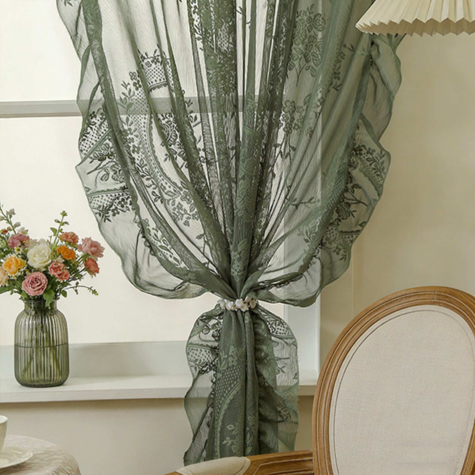 Sunicol Vorhang 2 Stück Französische Spitzenvorhang Durchlässig Gardinen, Vintage-Fensterbehandlung für Wohnzimmer Schlafzimmer