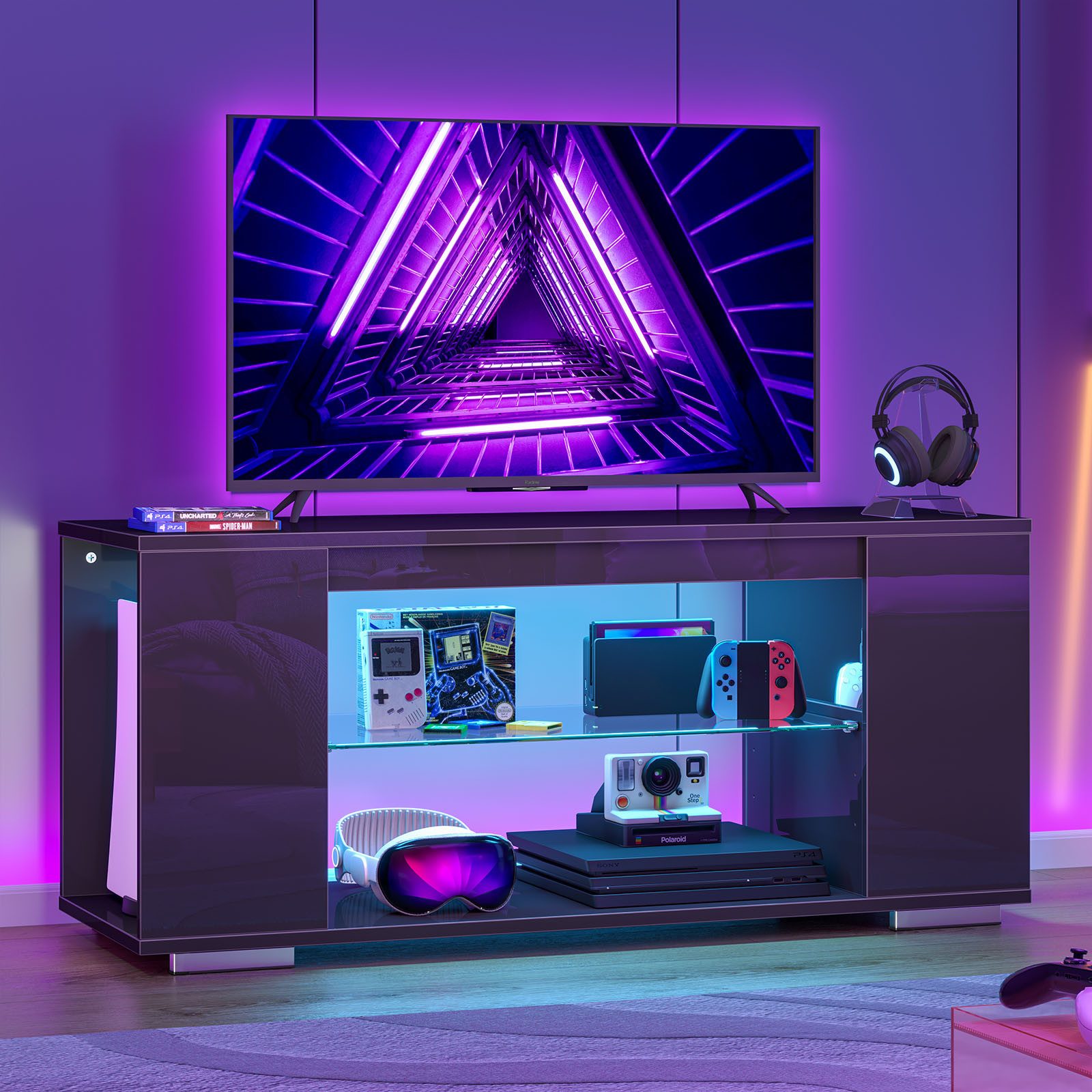 Pinmoco TV-Schrank tv lowboard, TV-Schrank mit 7 Lichtfarben, Stauraum, 120 cm lang