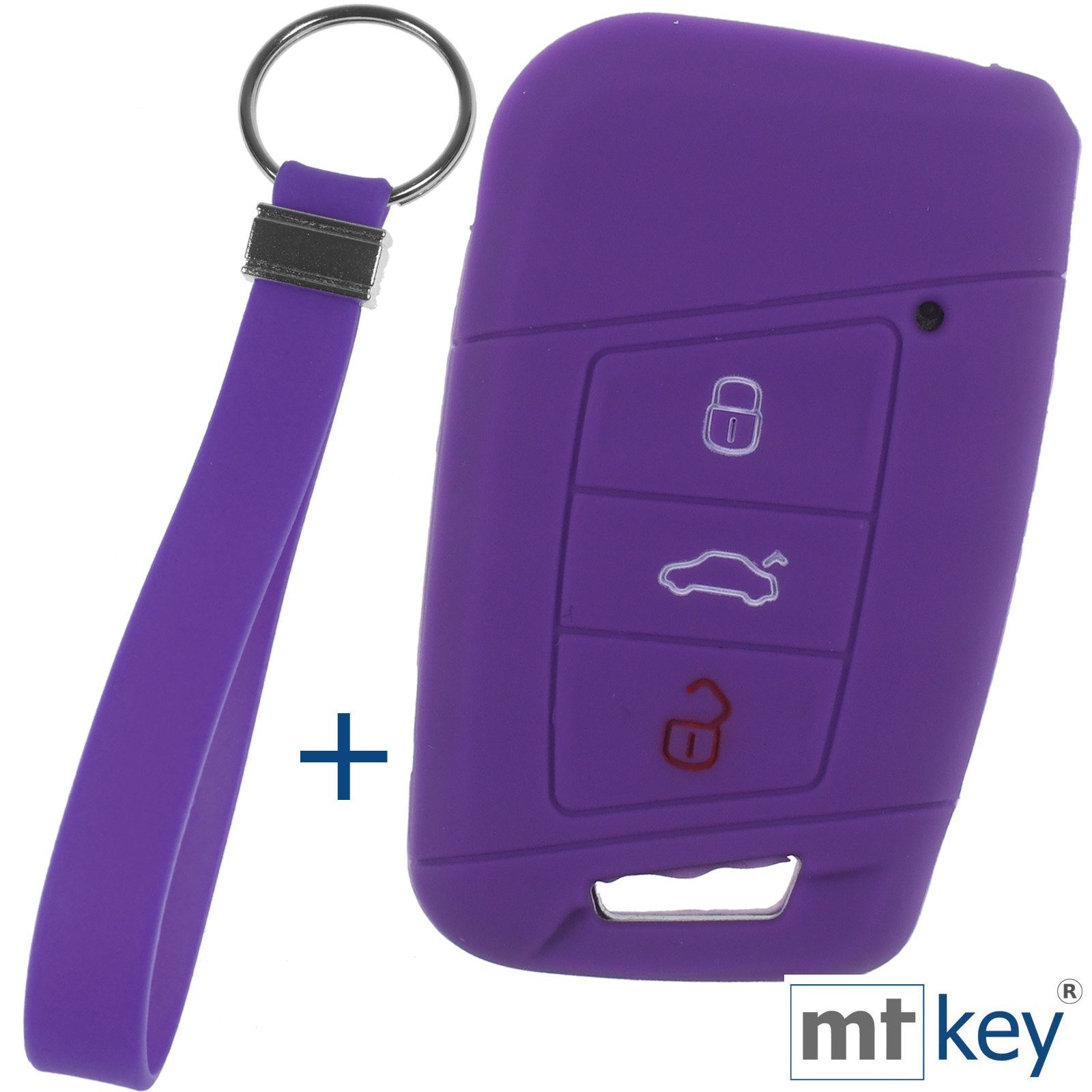 mt-key Schlüsseltasche Autoschlüssel Softcase Silikon Schutzhülle Lila mit Schlüsselband, für VW Passat B8 Arteon Skoda Kodiaq 3 Tasten KEYLESS SMARTKEY