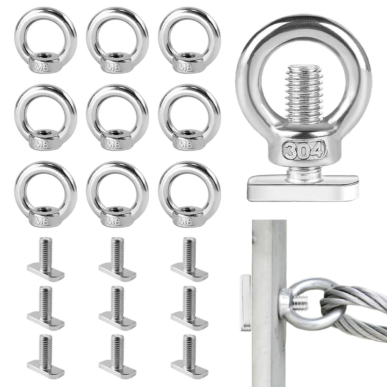 QUBEBU Ringmutter 10x Ringmuttern mit Hammerkopfschraube M8 für Hebezubehör, Edelstahl, (Edelstahl T Bolt Auge Mutter Tie Down Кольца, 10-St., für die Aufnahme Bungee Cord, Seile, Haken)