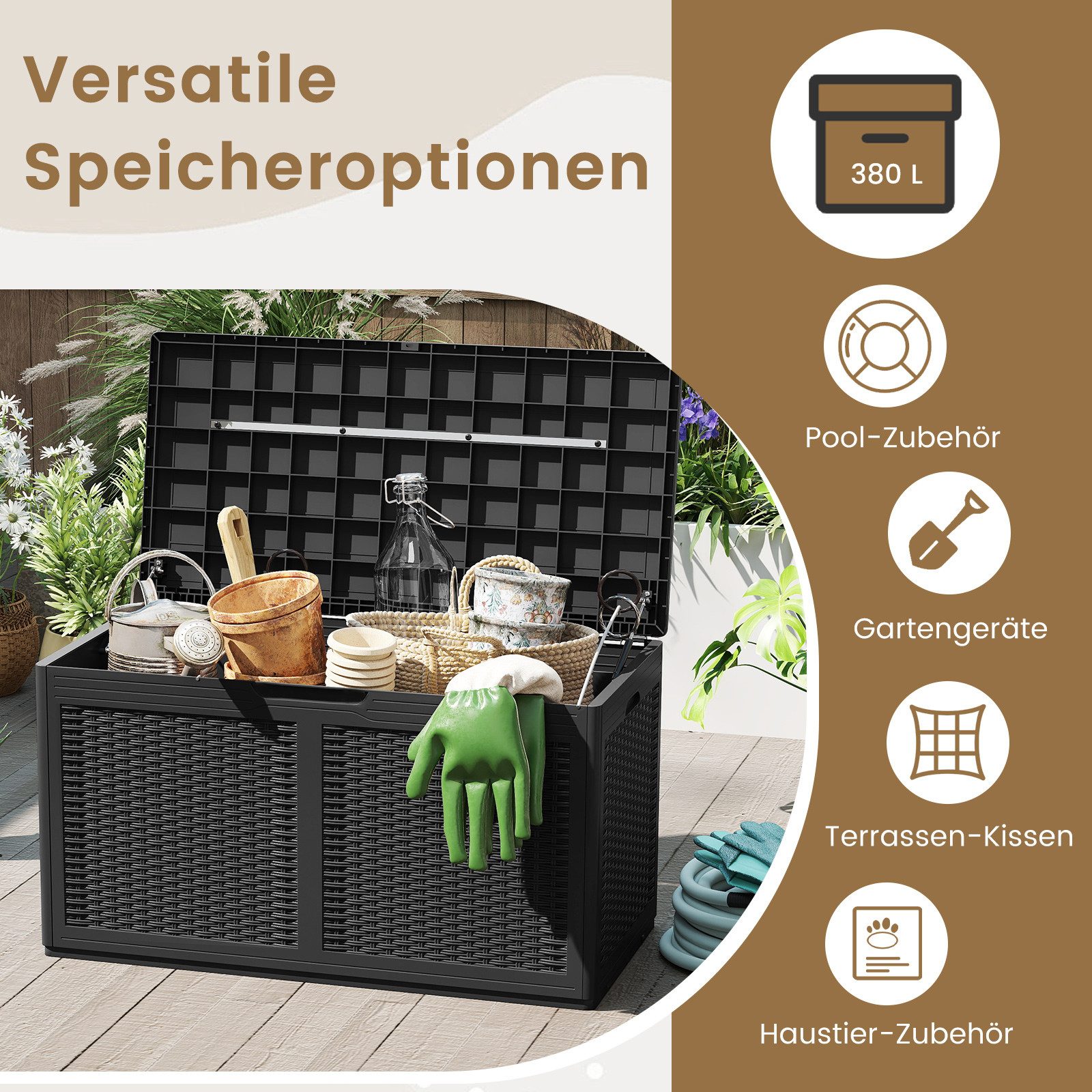 COSTWAY Auflagenbox Gartenbox 380L (1 St), Sitzbank bis 200kg, mit Rollen