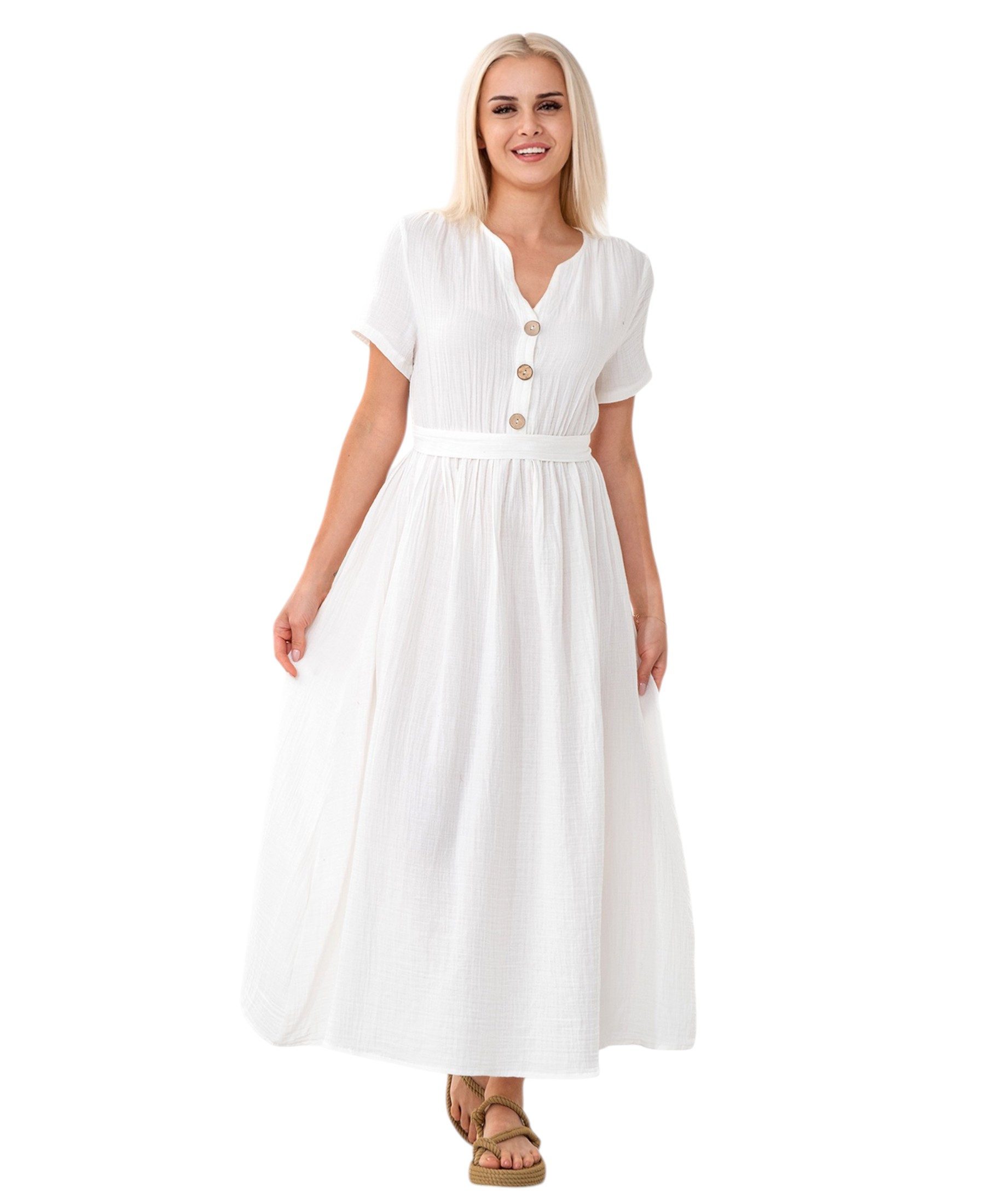 Sommerkleid Musselin Boho Kleid mit Knopfleiste & Taillenband, Freizeitkleid