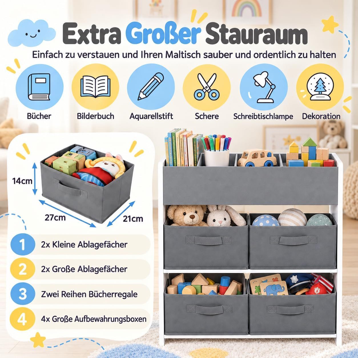 TLGREEN Kindertisch Kindermaltisch mit 2 Stühlen (Maltisch Schreibtisch mit Papierrolle und 4 Aufbewahrungskiste, Zeichentisch 100kg Belastbarkeit für Malen/Ler – Bild 4 von 5