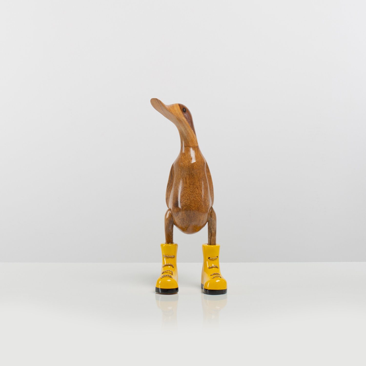 Rikmani Dekofigur Holzfigur Ente Stiefel - Handgefertigte Dekoration aus Holz Geschenk (3-er Set), 3 Holzarten gelb