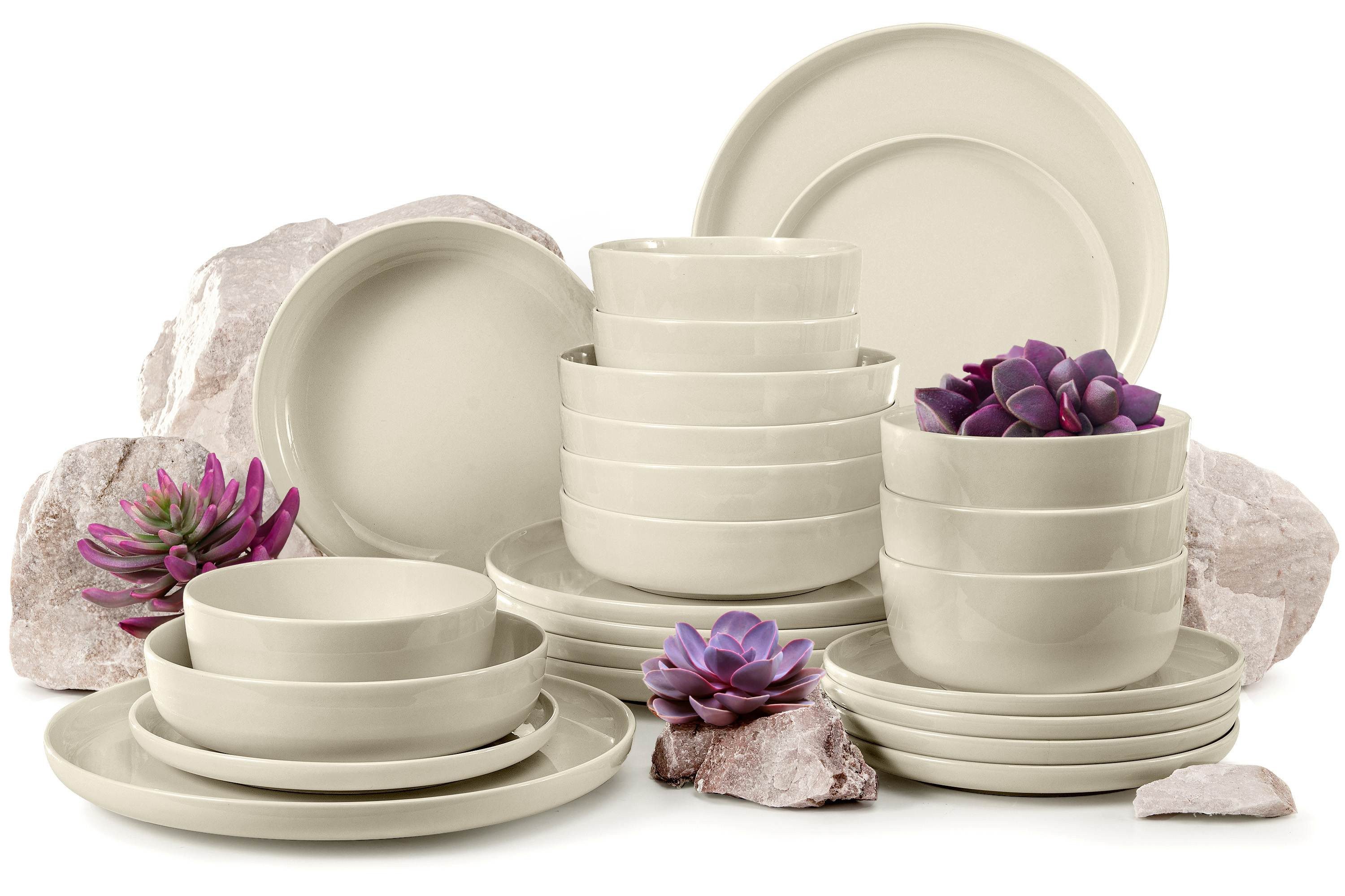 KONSIMO® Kombiservice VICTO Geschirrset hergestellt in der EU (24-tlg), 6 Personen, Steingut, spülmaschinengeeignet, mikrowellengeeignet, glänzend